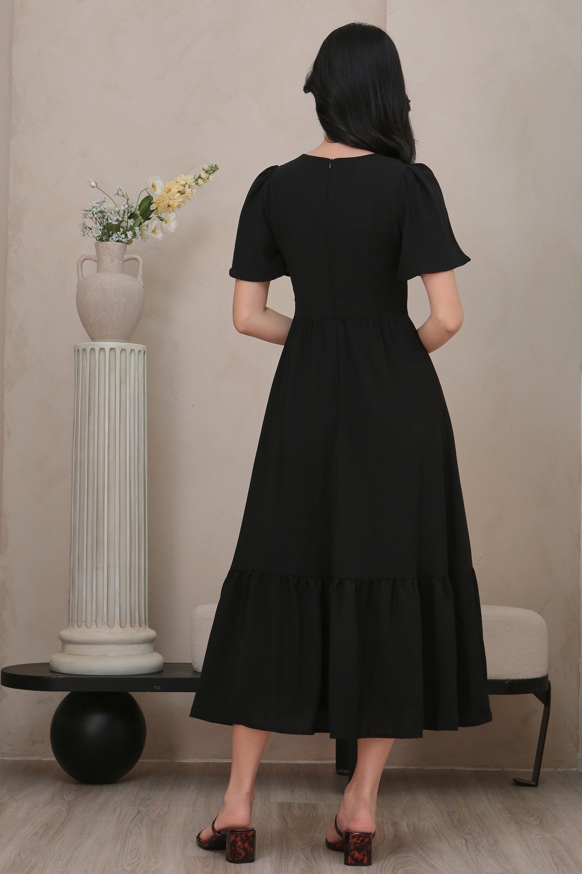 Flutter Sleeves Pleat Button Maxi Dress in Black