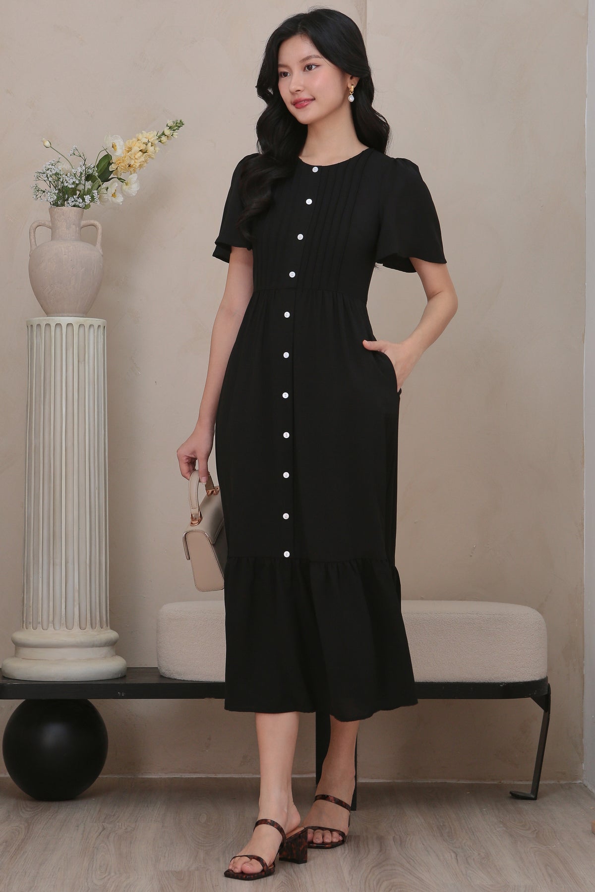 Flutter Sleeves Pleat Button Maxi Dress in Black