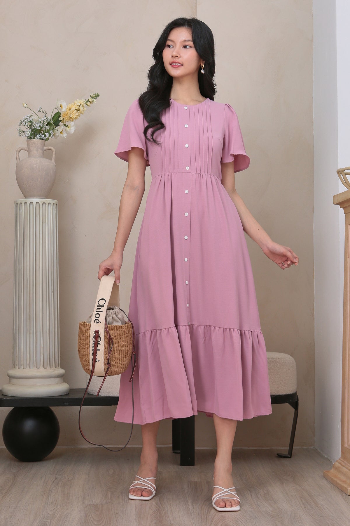 Flutter Sleeves Pleat Button Maxi Dress in Dusty Pink