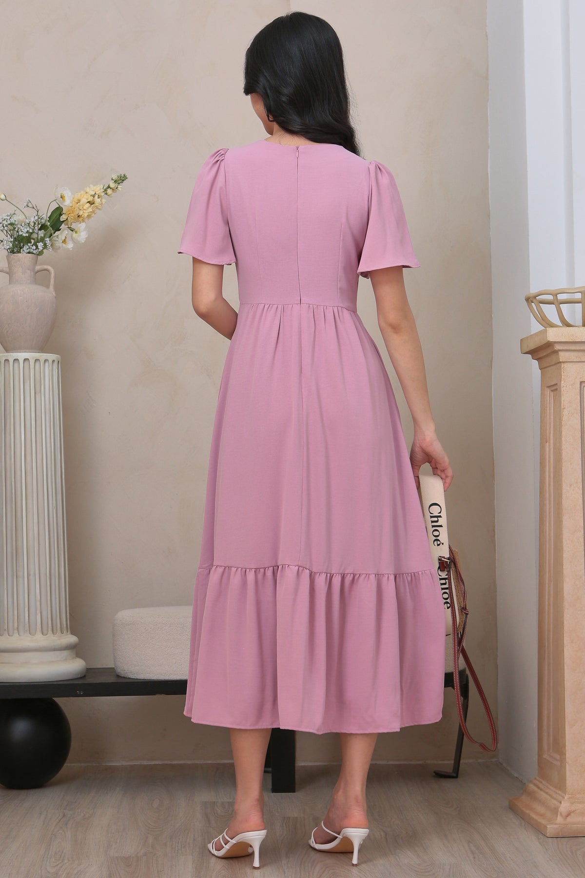 Flutter Sleeves Pleat Button Maxi Dress in Dusty Pink