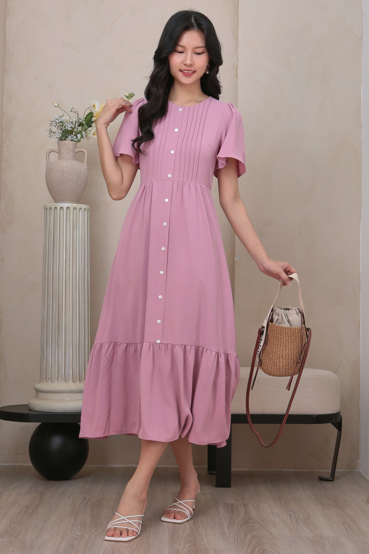 Flutter Sleeves Pleat Button Maxi Dress in Dusty Pink