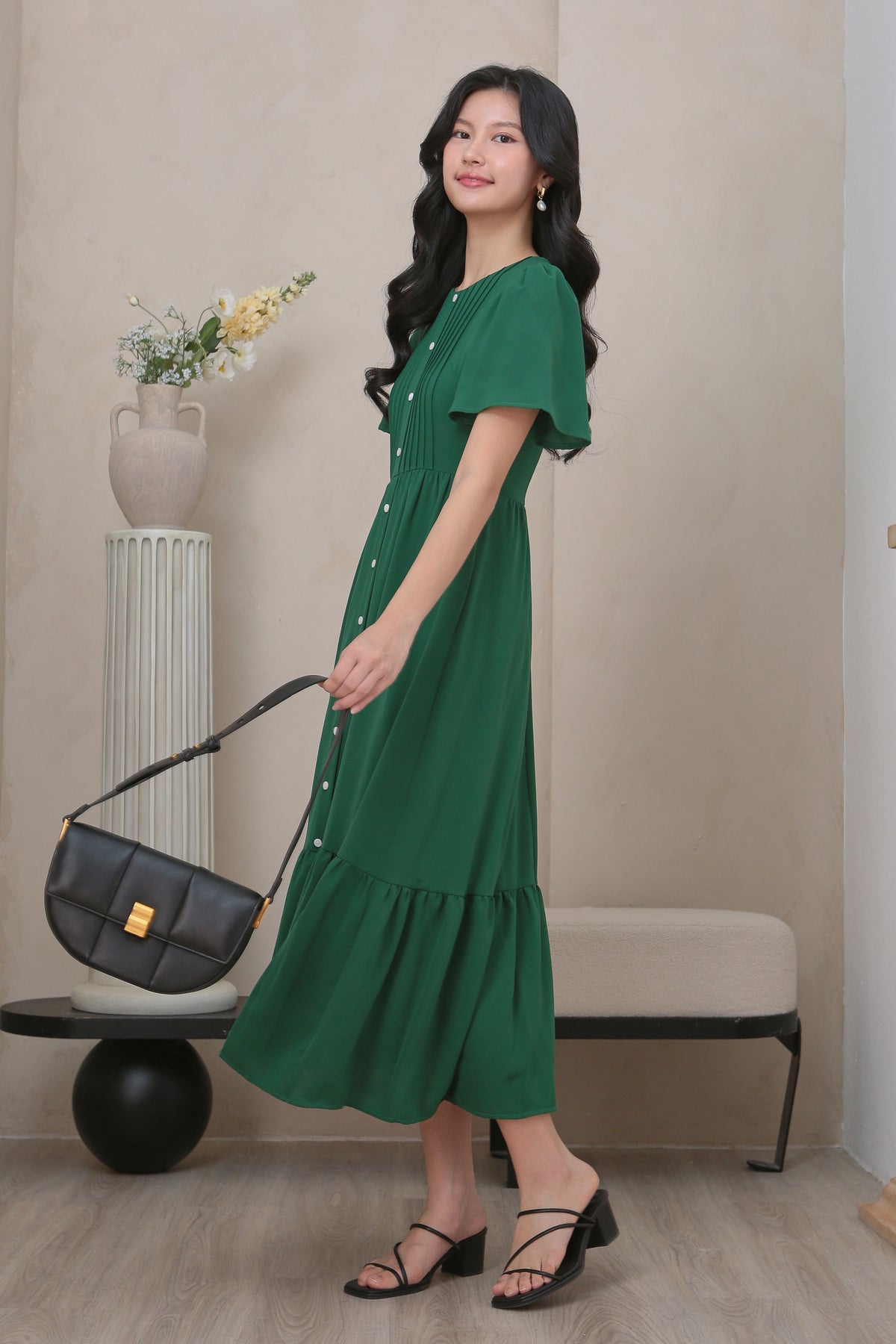 Flutter Sleeves Pleat Button Maxi Dress in Hunter Green