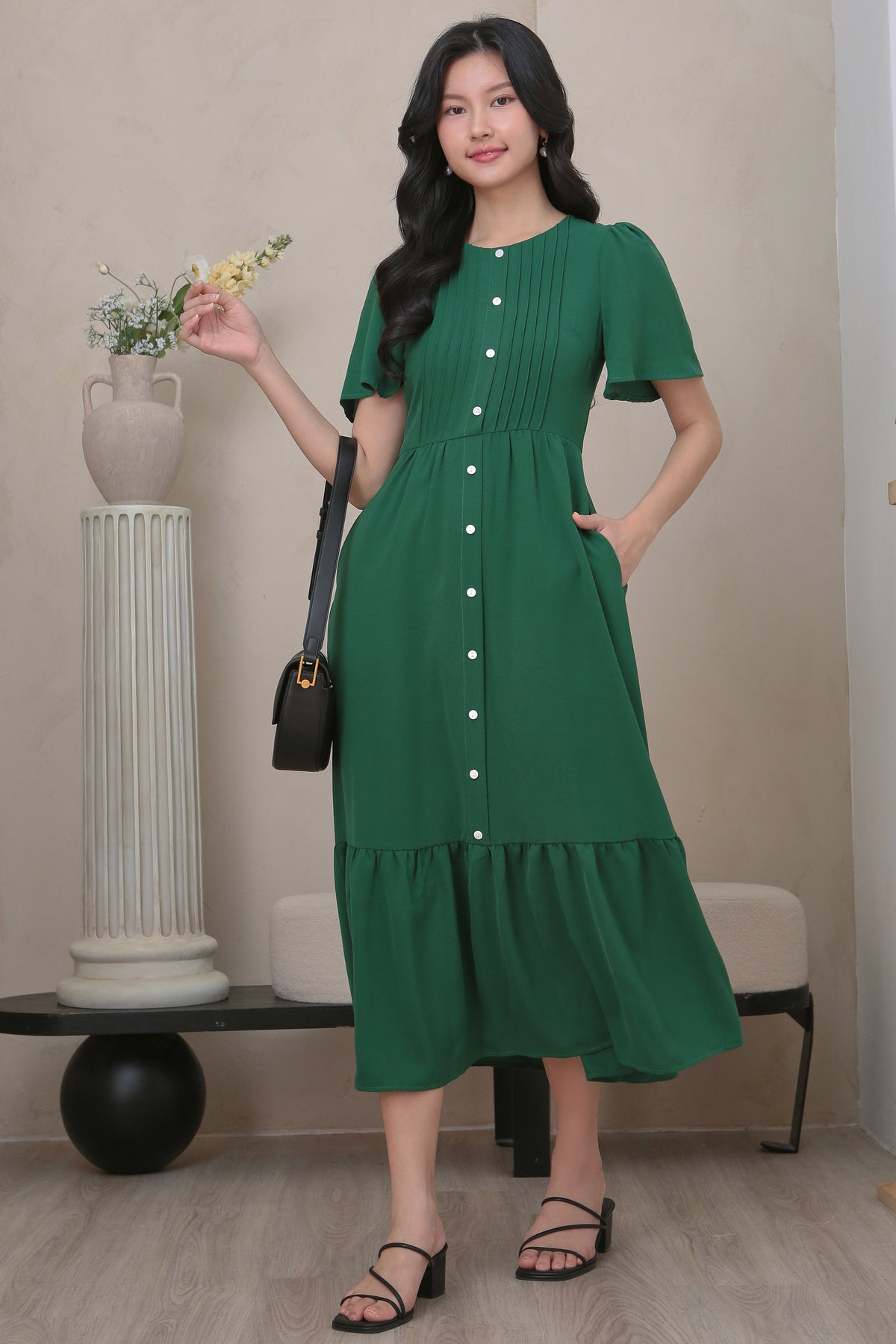 Flutter Sleeves Pleat Button Maxi Dress in Hunter Green