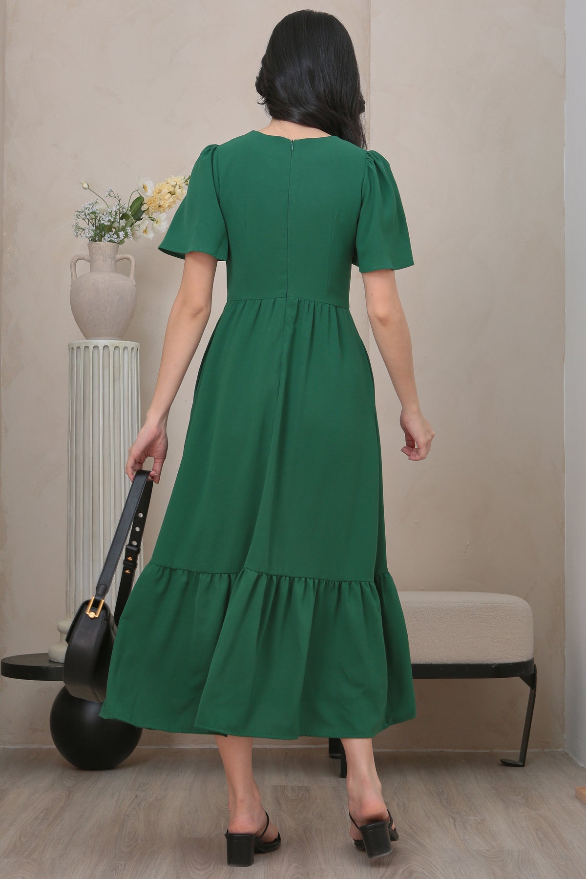 Flutter Sleeves Pleat Button Maxi Dress in Hunter Green