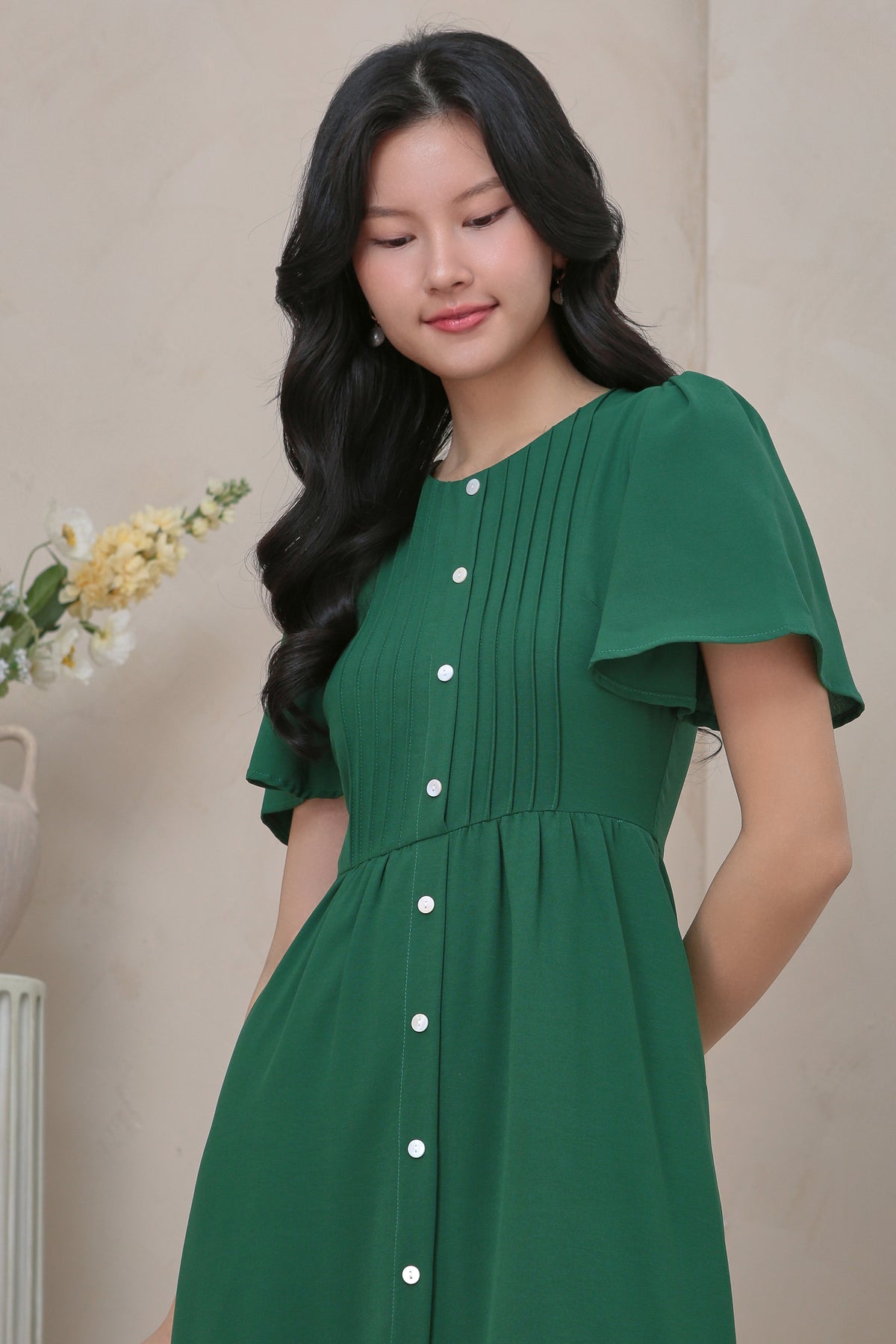 Flutter Sleeves Pleat Button Maxi Dress in Hunter Green