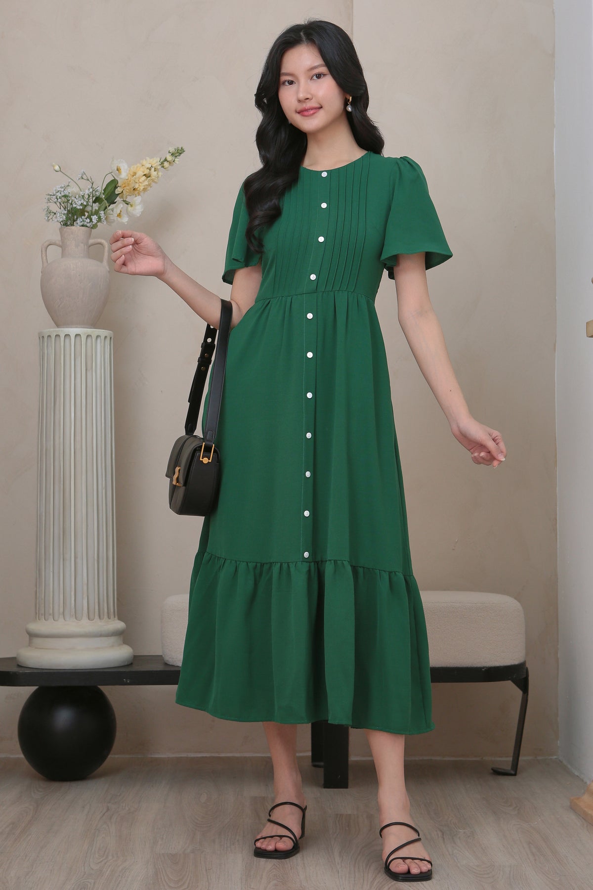 Flutter Sleeves Pleat Button Maxi Dress in Hunter Green