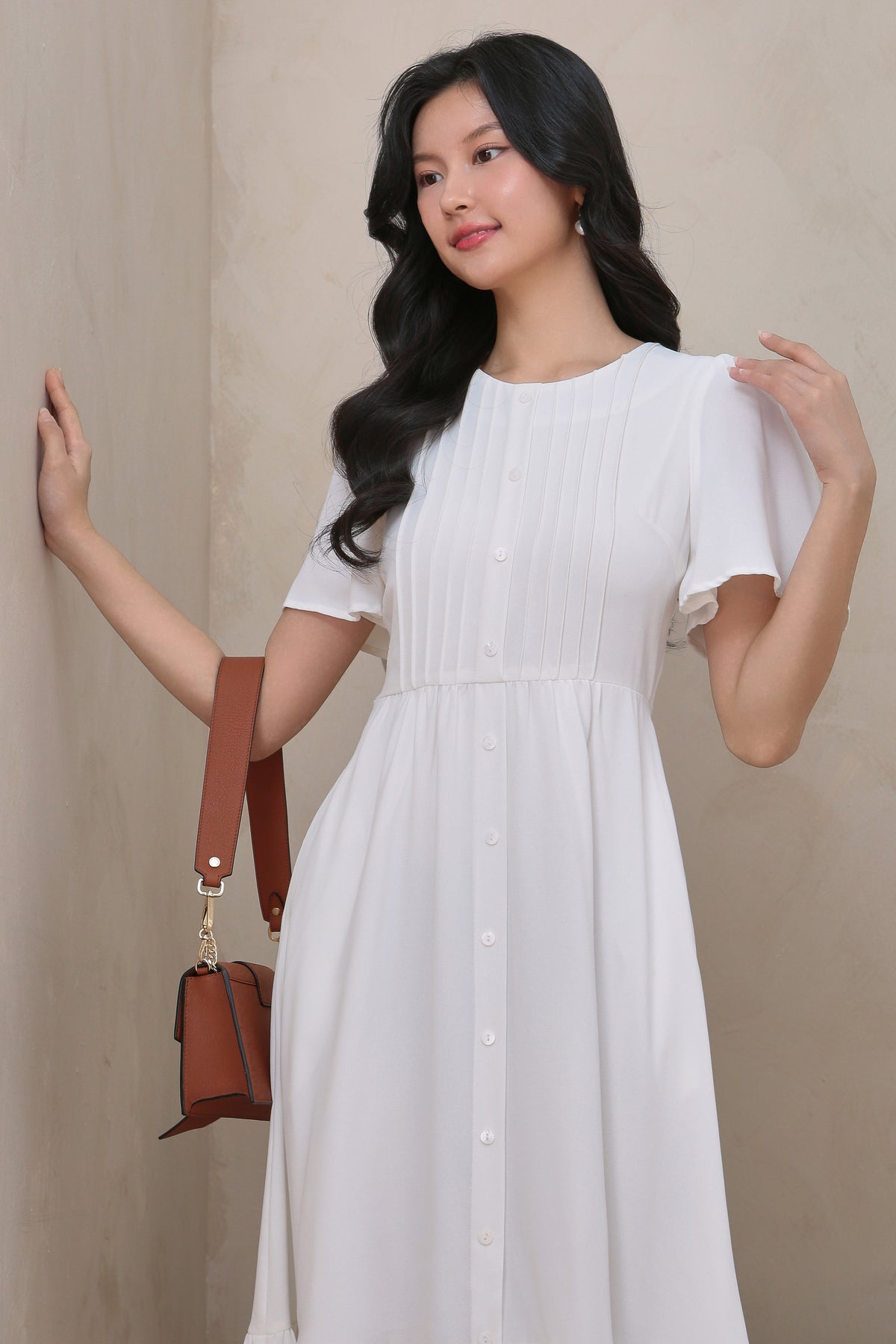 Flutter Sleeves Pleat Button Maxi Dress in White