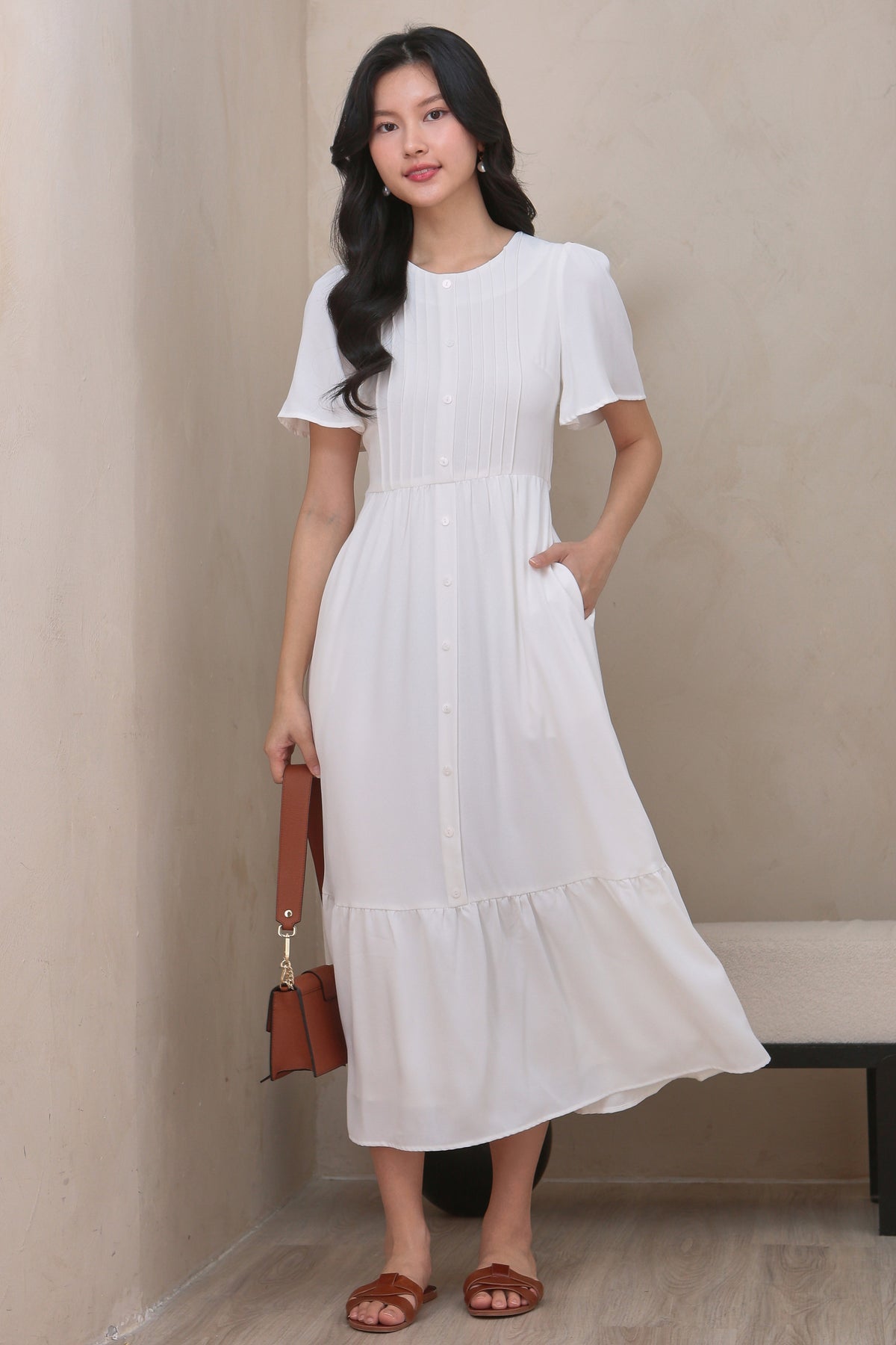 Flutter Sleeves Pleat Button Maxi Dress in White