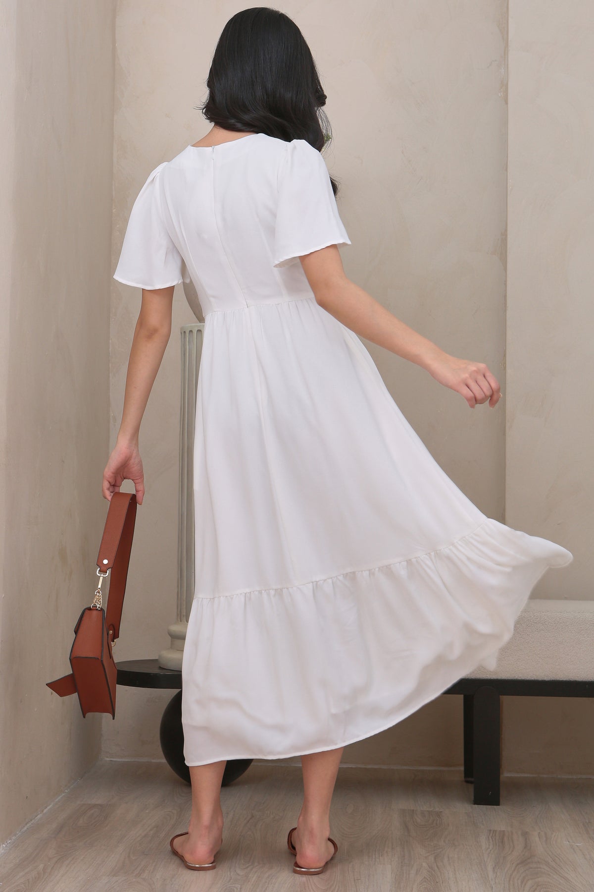 Flutter Sleeves Pleat Button Maxi Dress in White