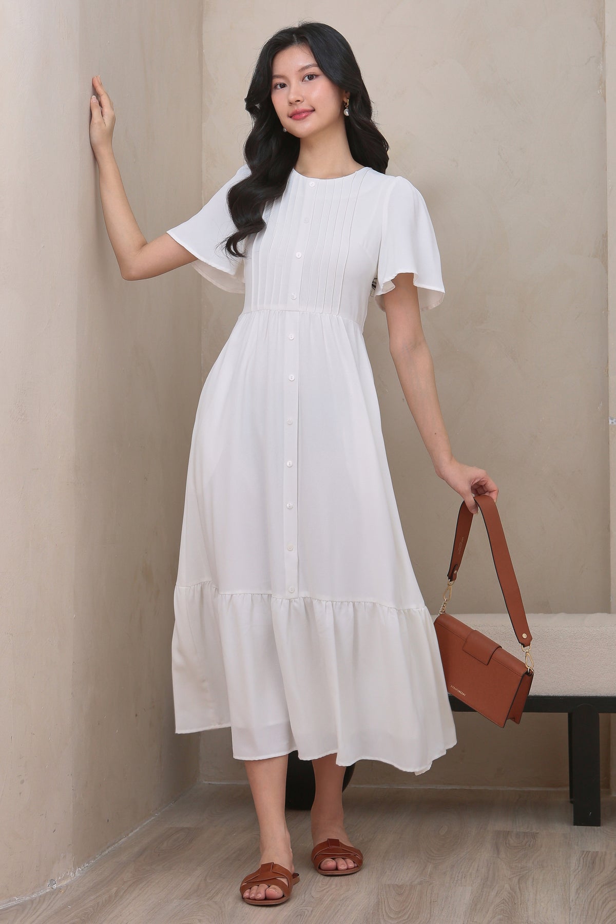 Flutter Sleeves Pleat Button Maxi Dress in White