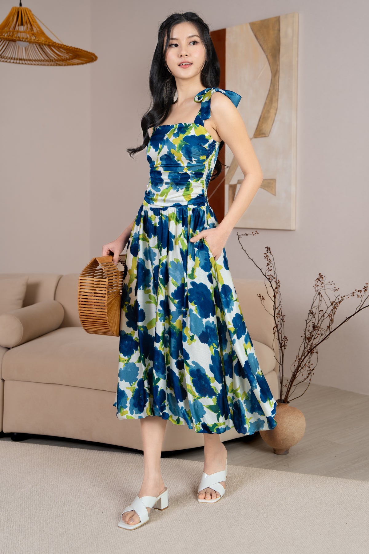 Krissy Ruched Tie Straps Bubble Dress in Blue Florals