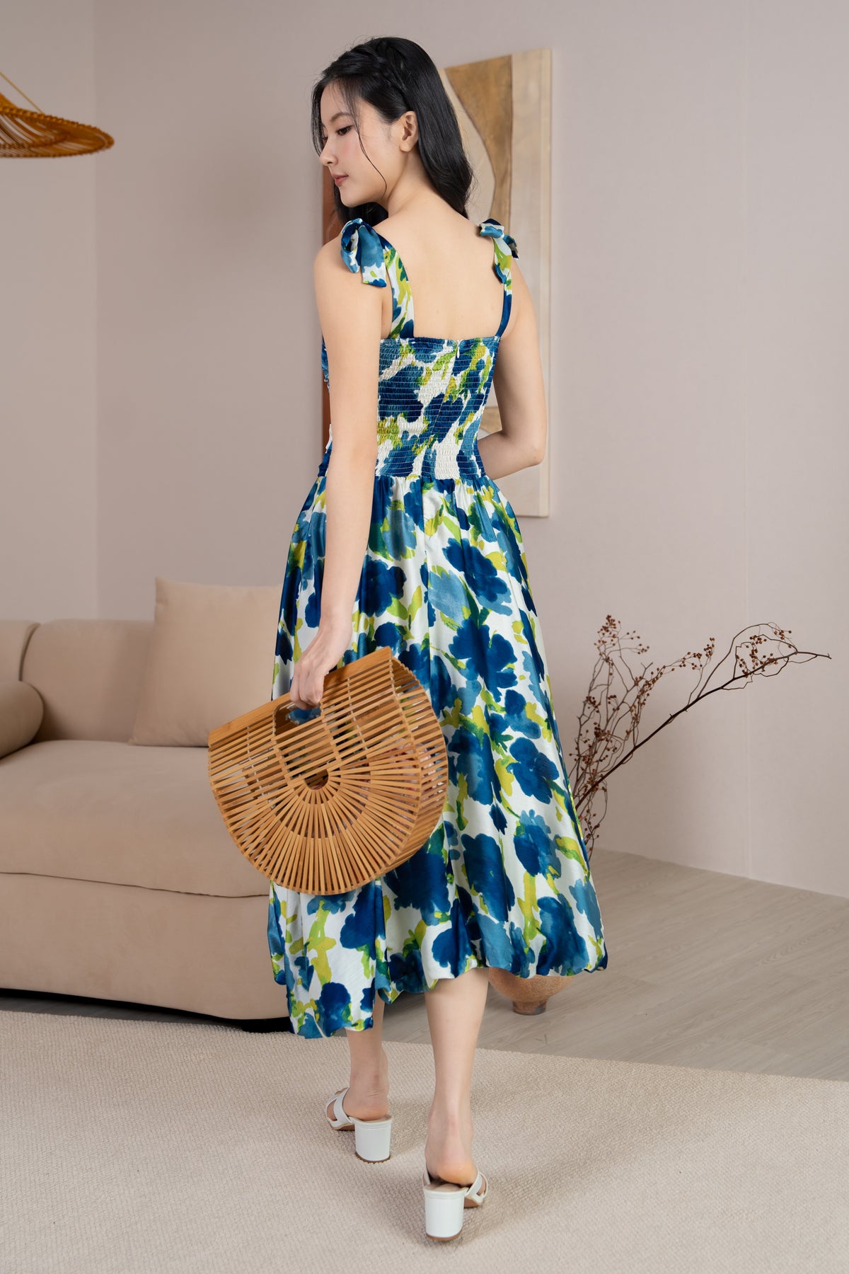 Krissy Ruched Tie Straps Bubble Dress in Blue Florals