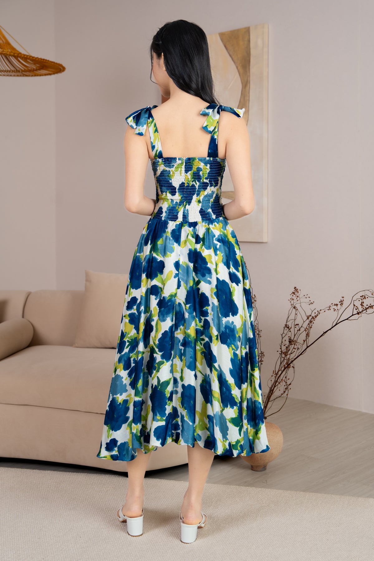 Krissy Ruched Tie Straps Bubble Dress in Blue Florals