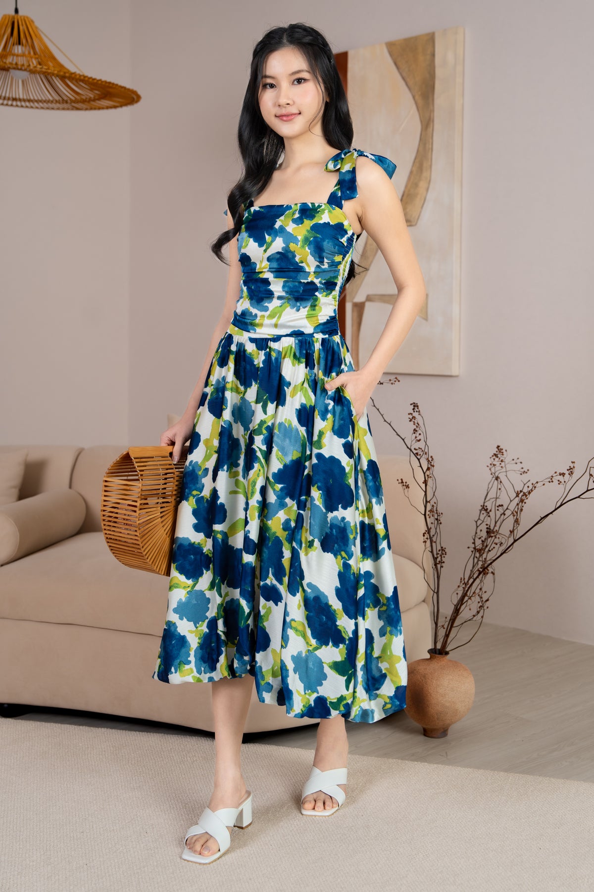 Krissy Ruched Tie Straps Bubble Dress in Blue Florals