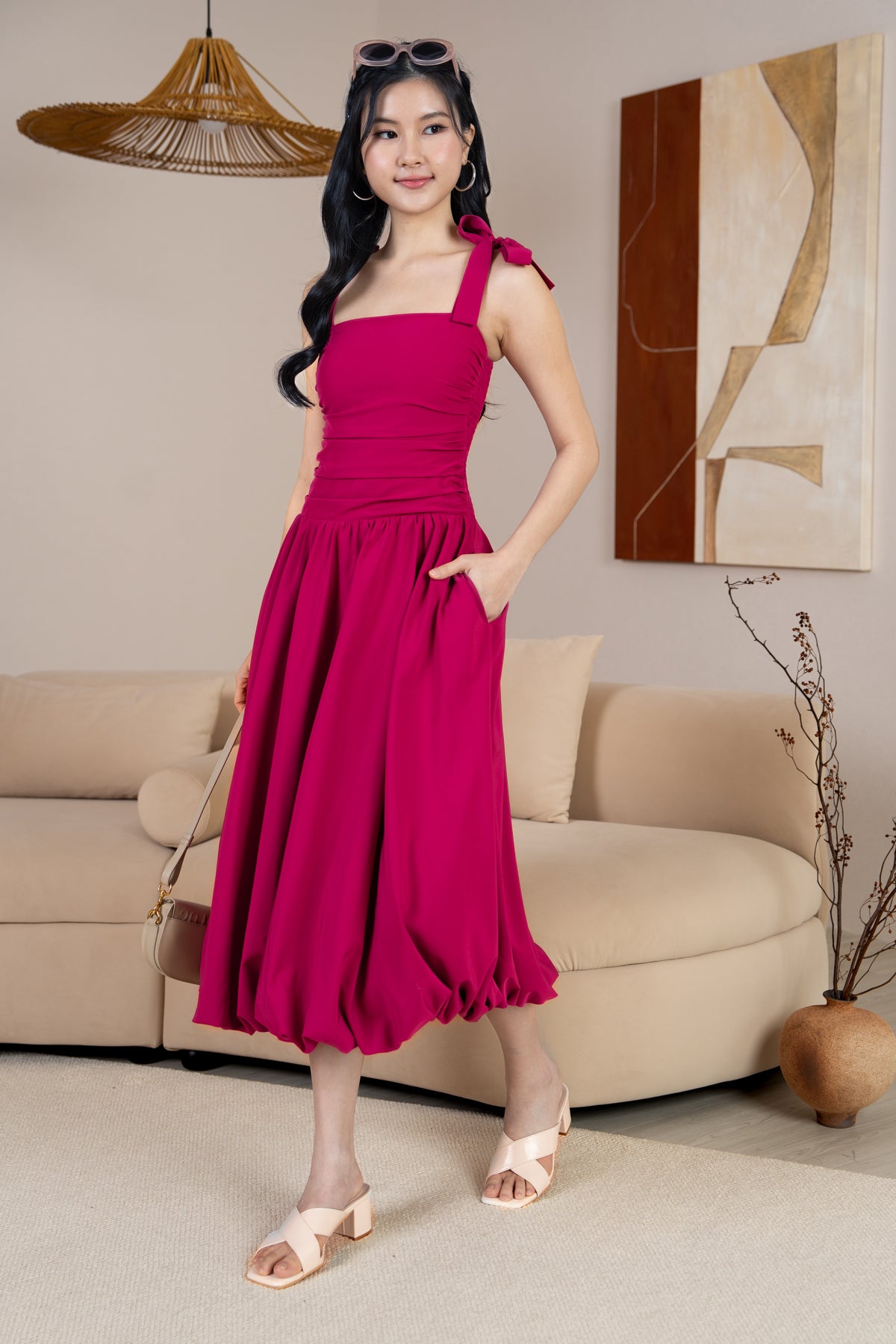 Krissy Ruched Tie Straps Bubble Dress in Fuchsia