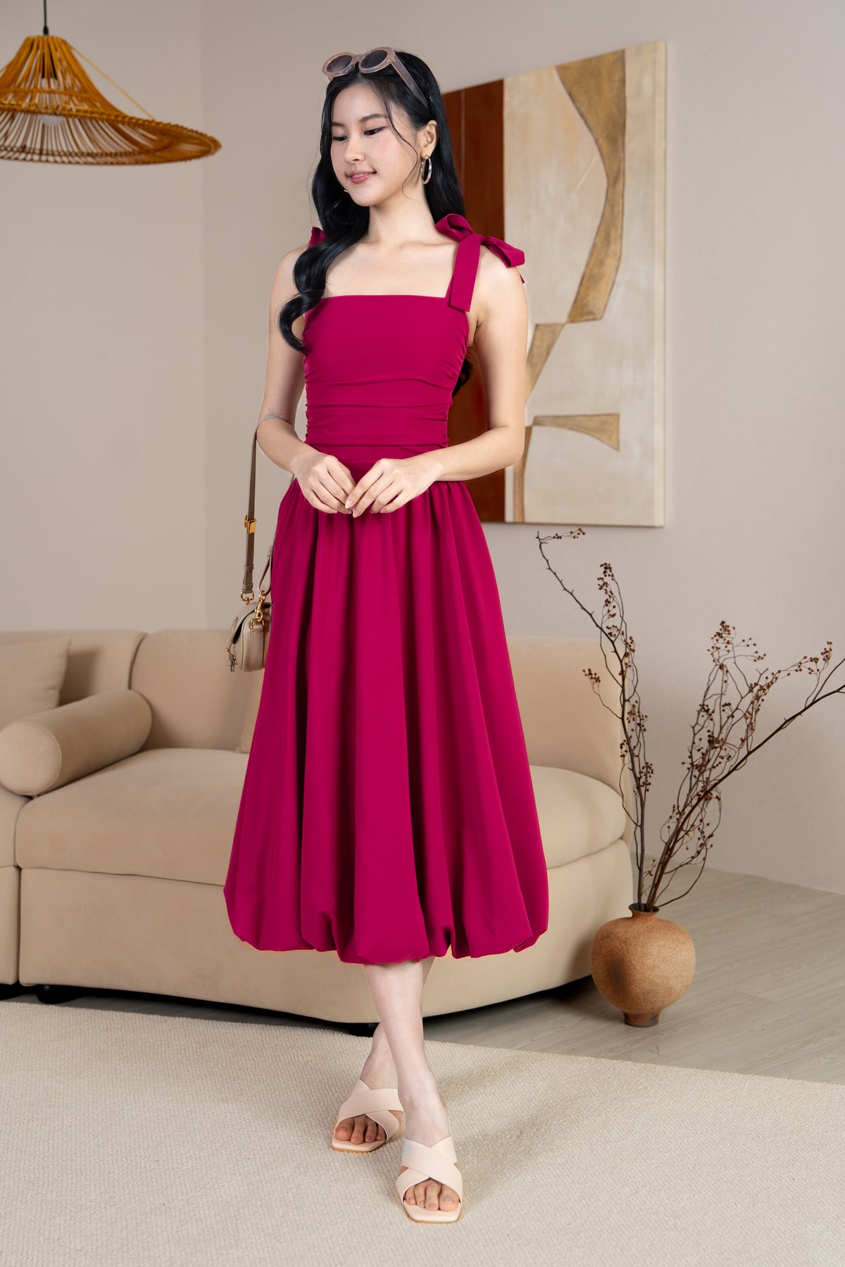 Krissy Ruched Tie Straps Bubble Dress in Fuchsia