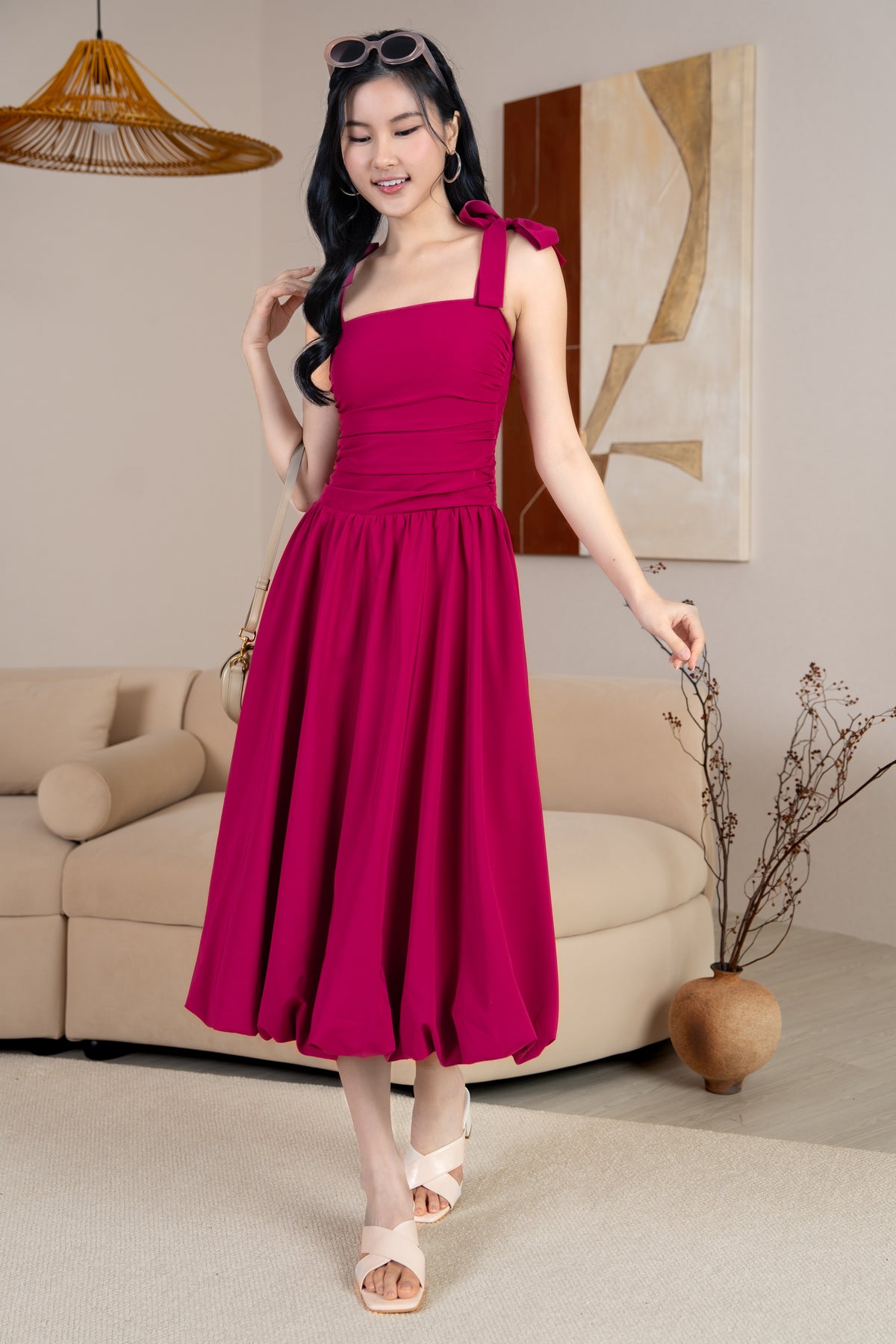 Krissy Ruched Tie Straps Bubble Dress in Fuchsia