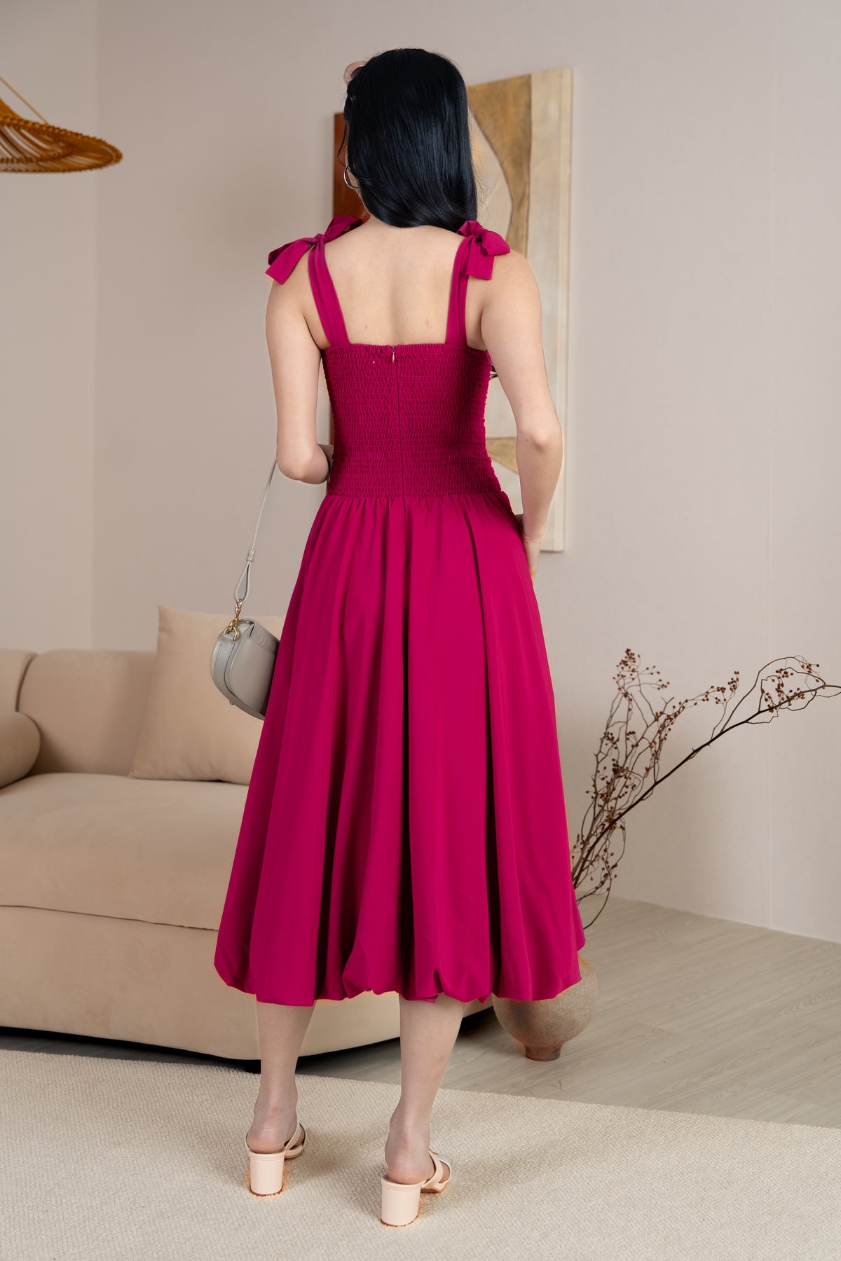 Krissy Ruched Tie Straps Bubble Dress in Fuchsia