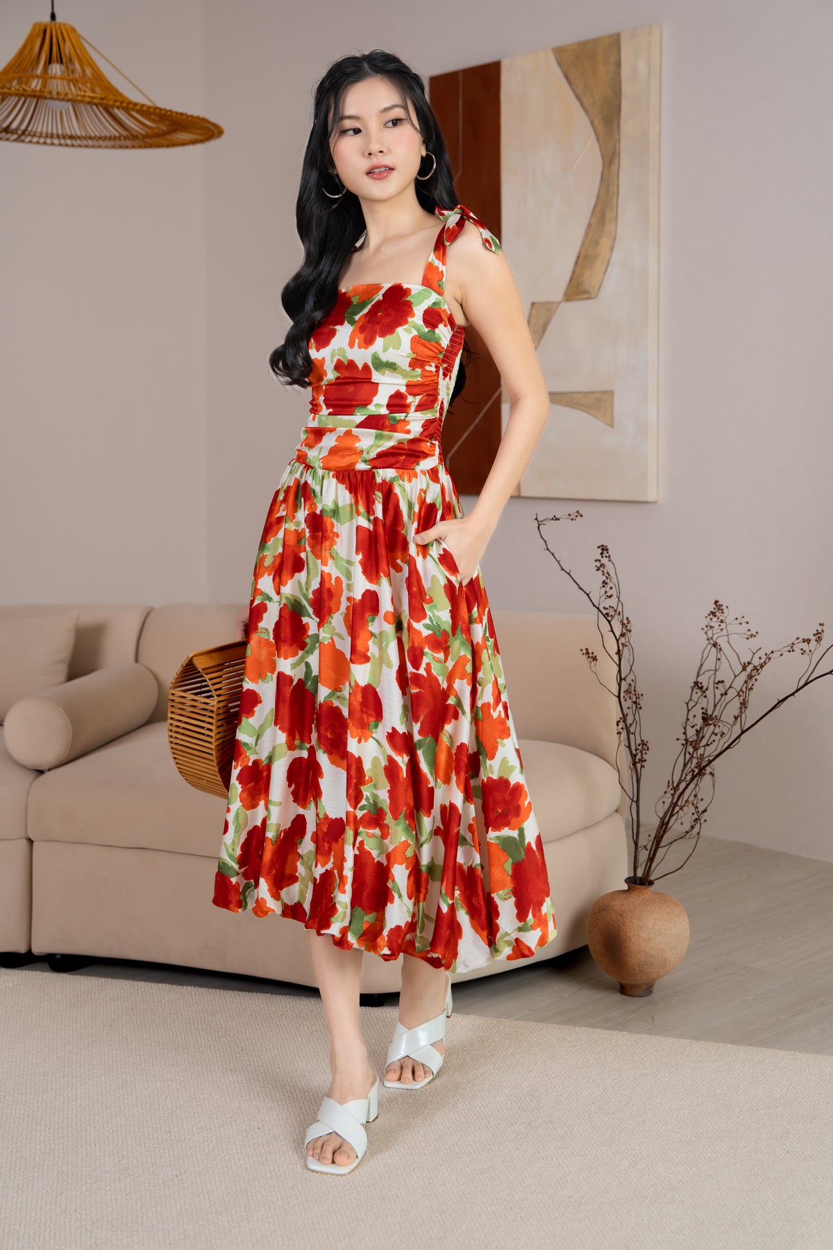 Krissy Ruched Tie Straps Bubble Dress in Red Florals