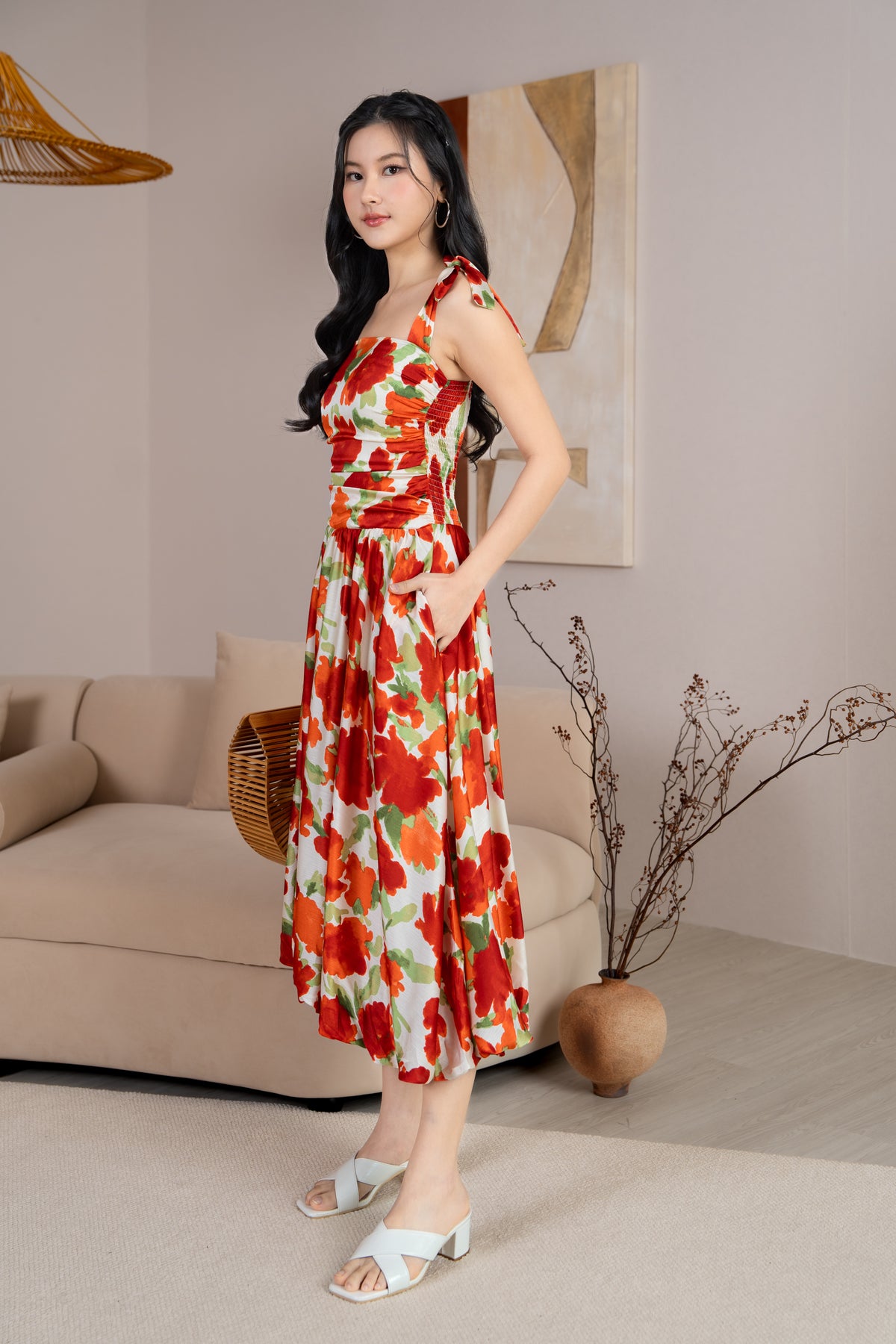 Krissy Ruched Tie Straps Bubble Dress in Red Florals