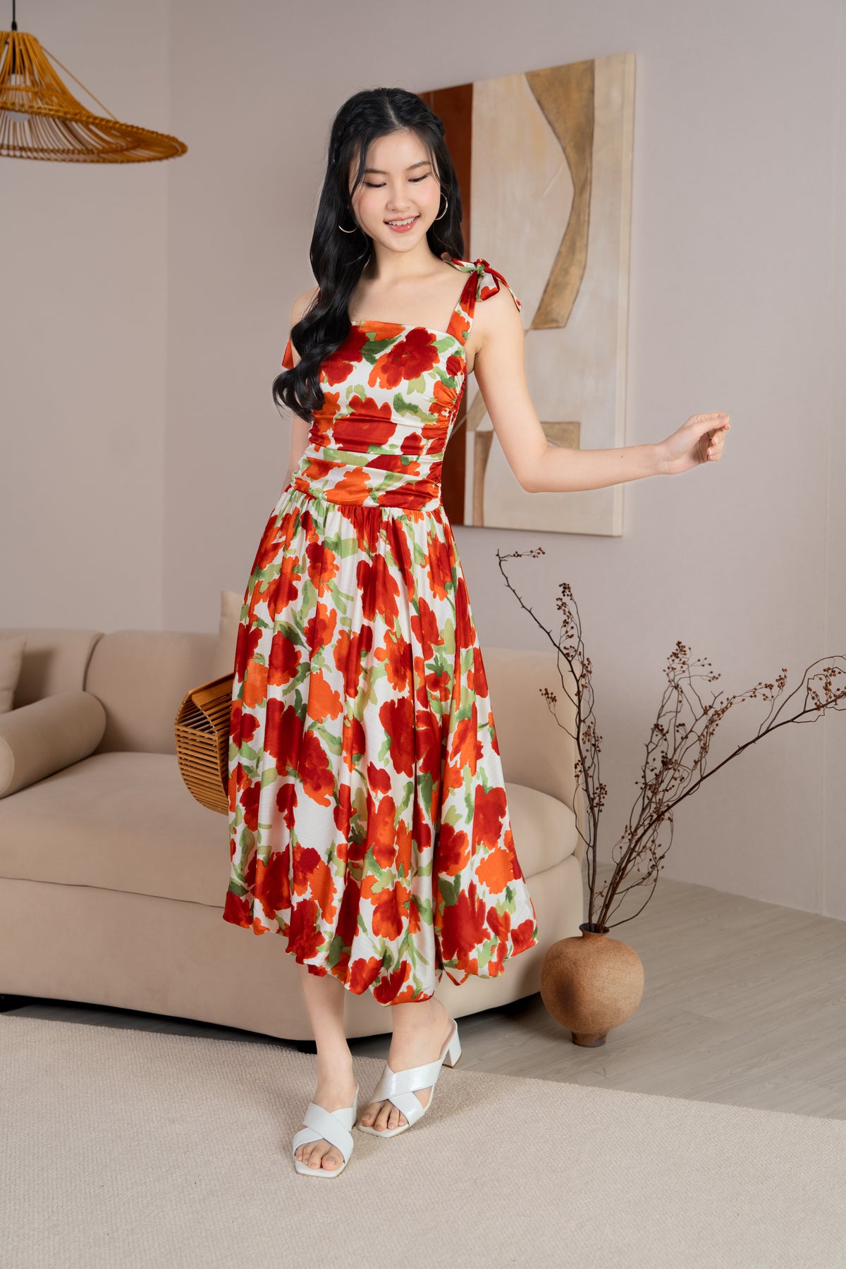 Krissy Ruched Tie Straps Bubble Dress in Red Florals