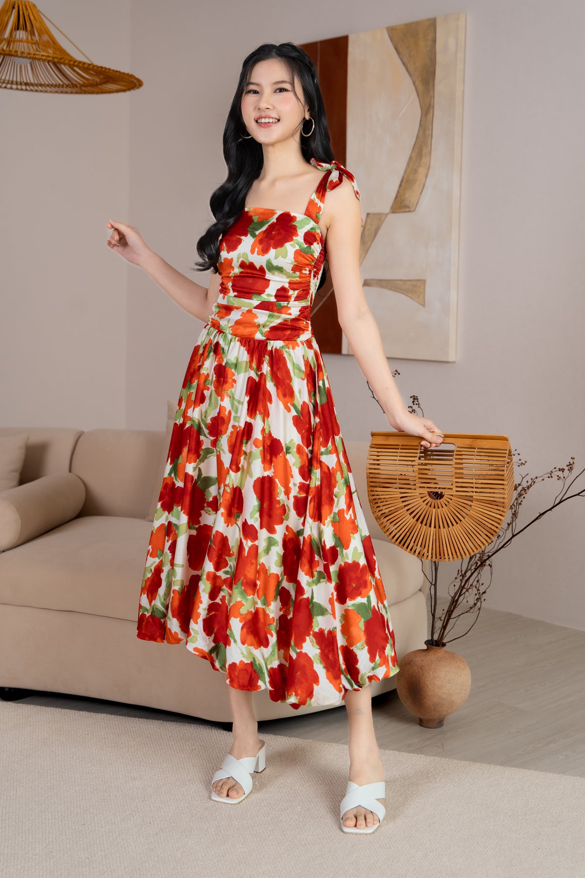 Krissy Ruched Tie Straps Bubble Dress in Red Florals