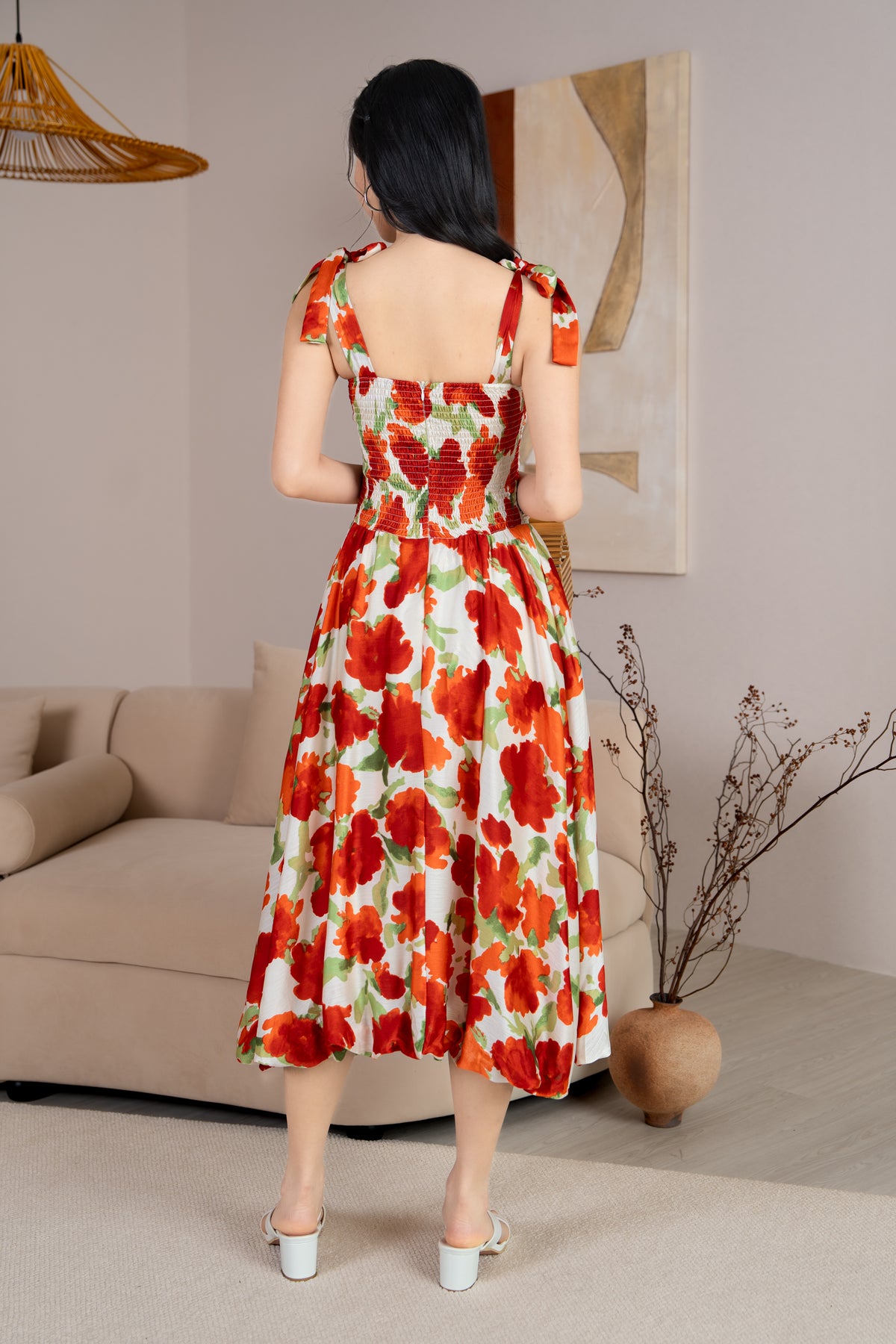 Krissy Ruched Tie Straps Bubble Dress in Red Florals