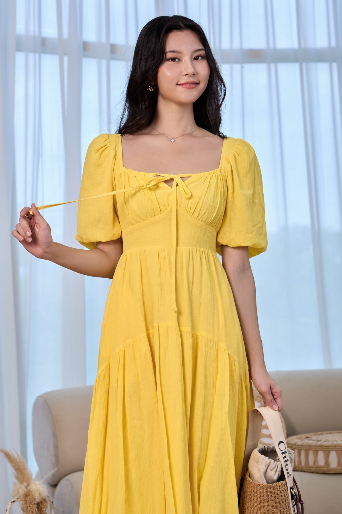 Lady Ribbon Pouf Sleeves Dress in Sunshine