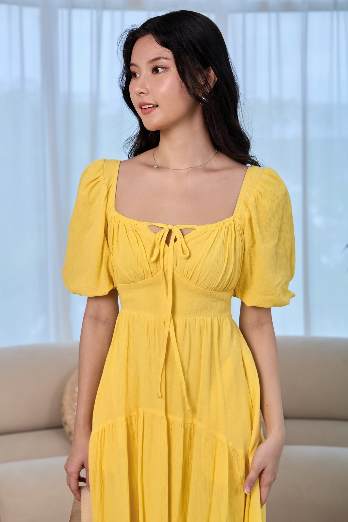 Lady Ribbon Pouf Sleeves Dress in Sunshine