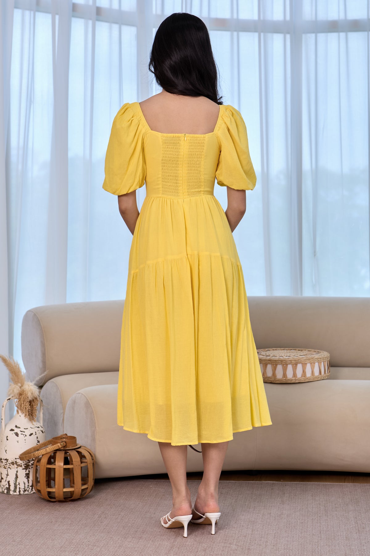 Lady Ribbon Pouf Sleeves Dress in Sunshine