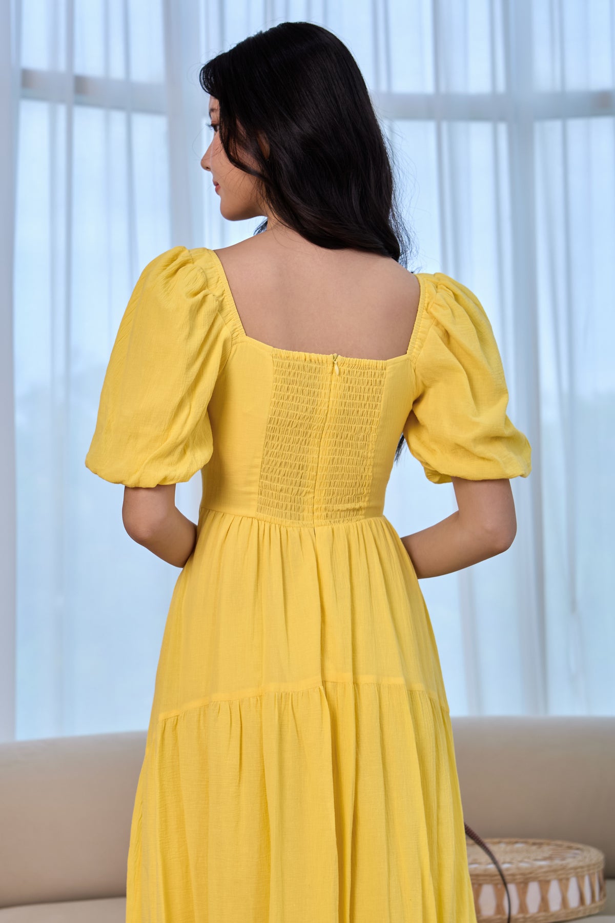 Lady Ribbon Pouf Sleeves Dress in Sunshine