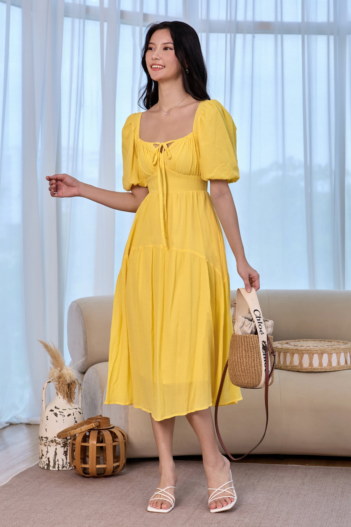 Lady Ribbon Pouf Sleeves Dress in Sunshine