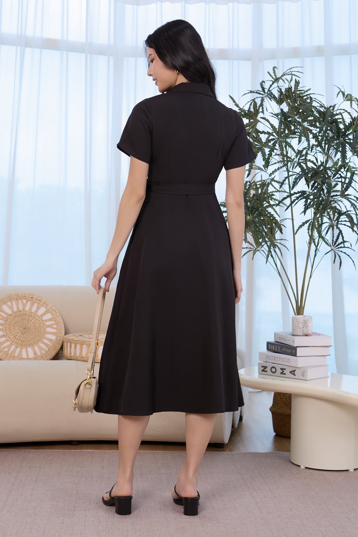 Lapel Collar Pleat Wrap Dress in Black