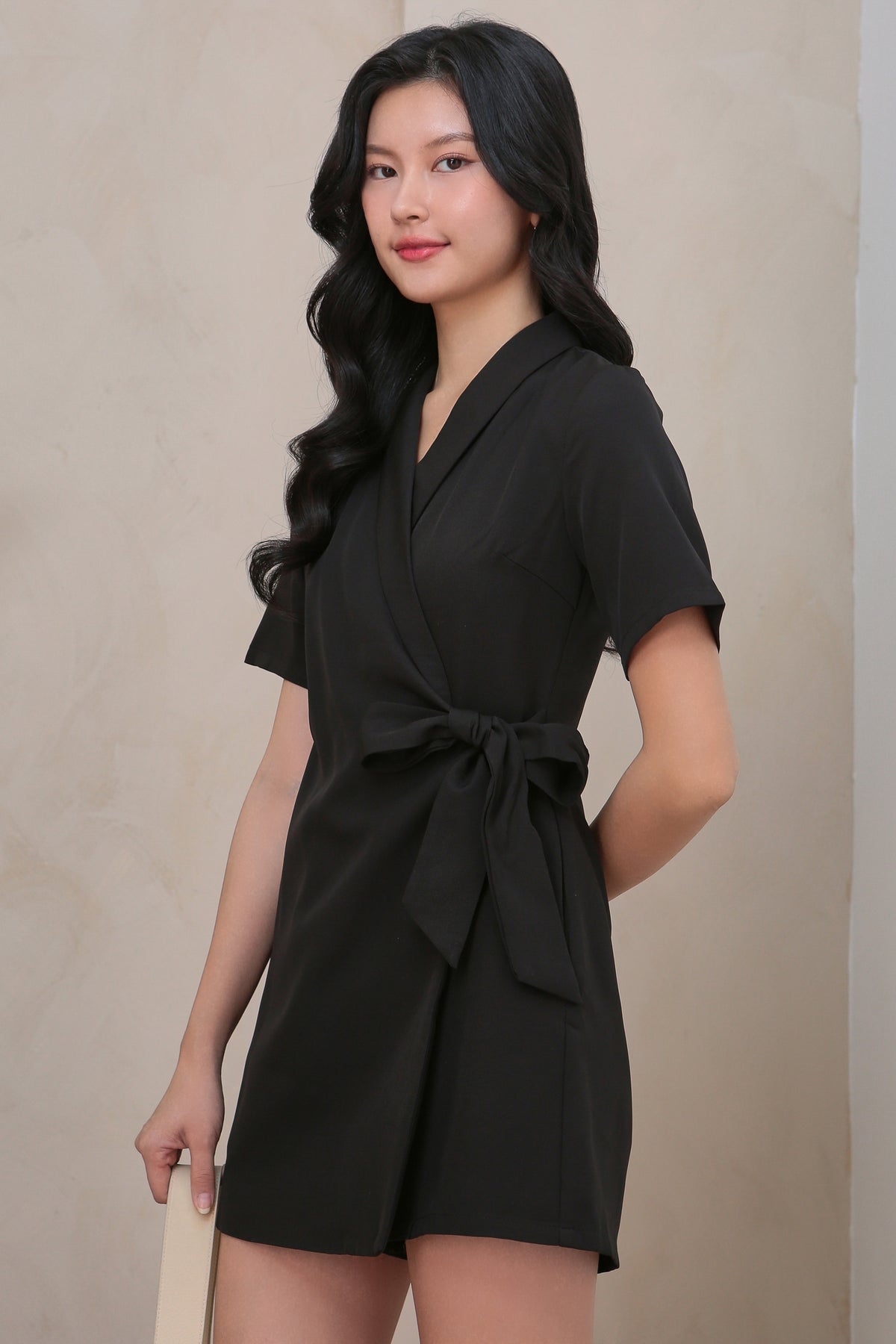 Lapel Collar Wrap Romper in Black