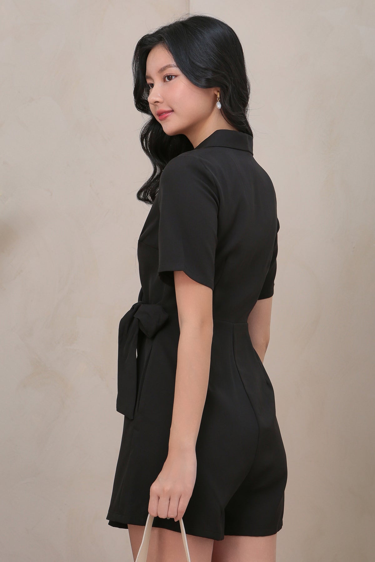 Lapel Collar Wrap Romper in Black