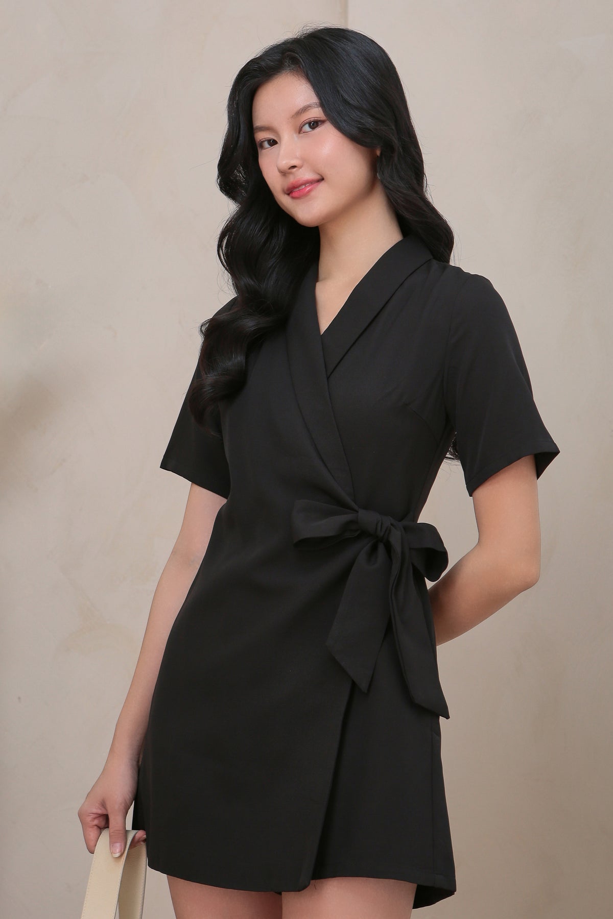 Lapel Collar Wrap Romper in Black