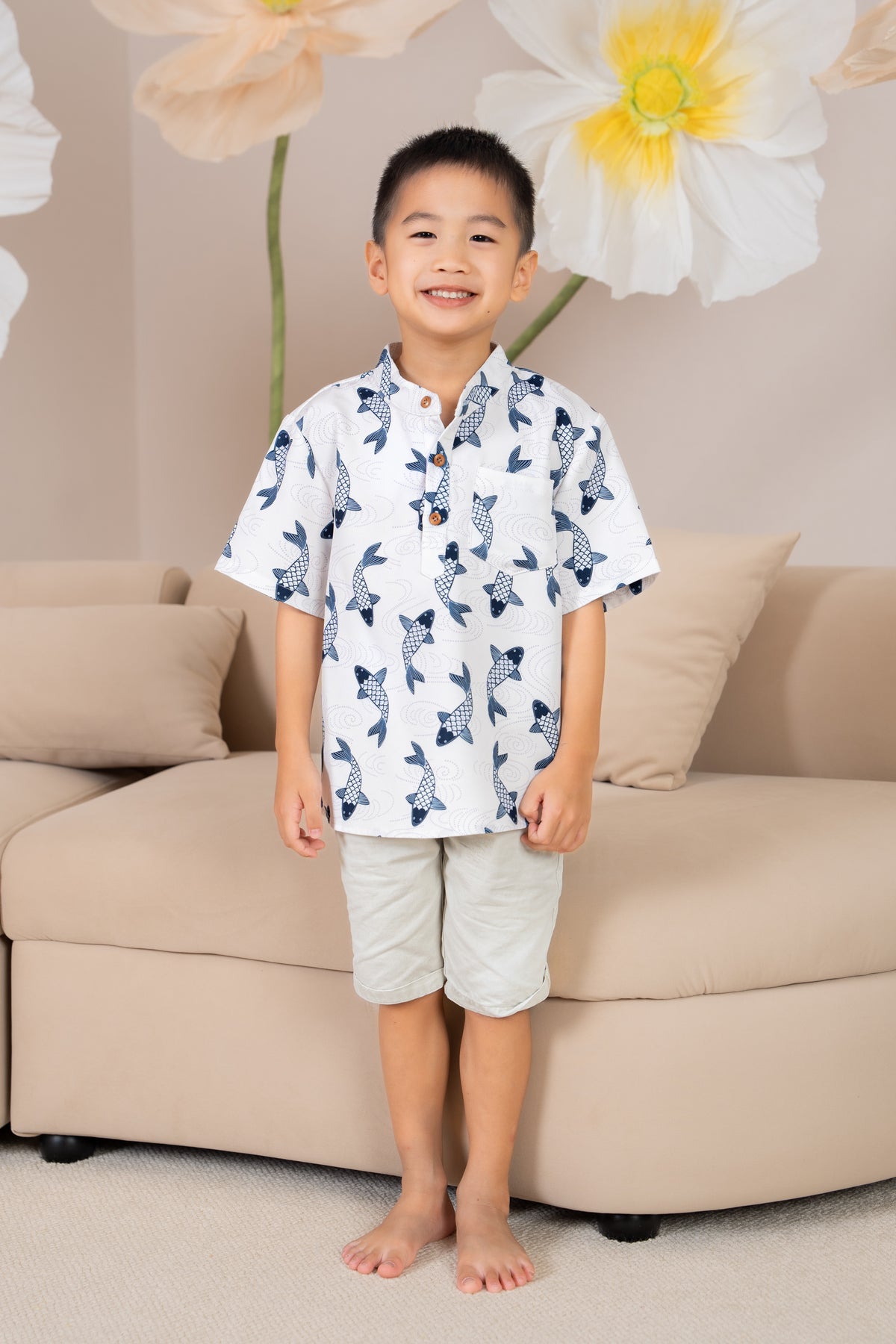 Little Boy Koi Oriental Shirt in Navy (Kids)