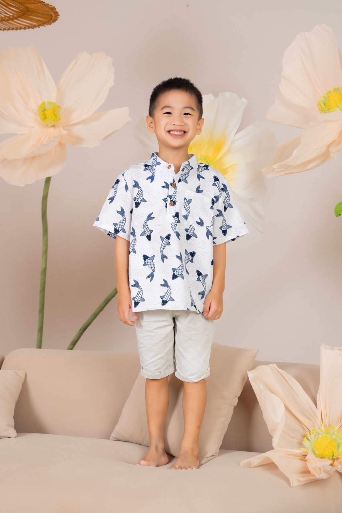 Little Boy Koi Oriental Shirt in Navy (Kids)