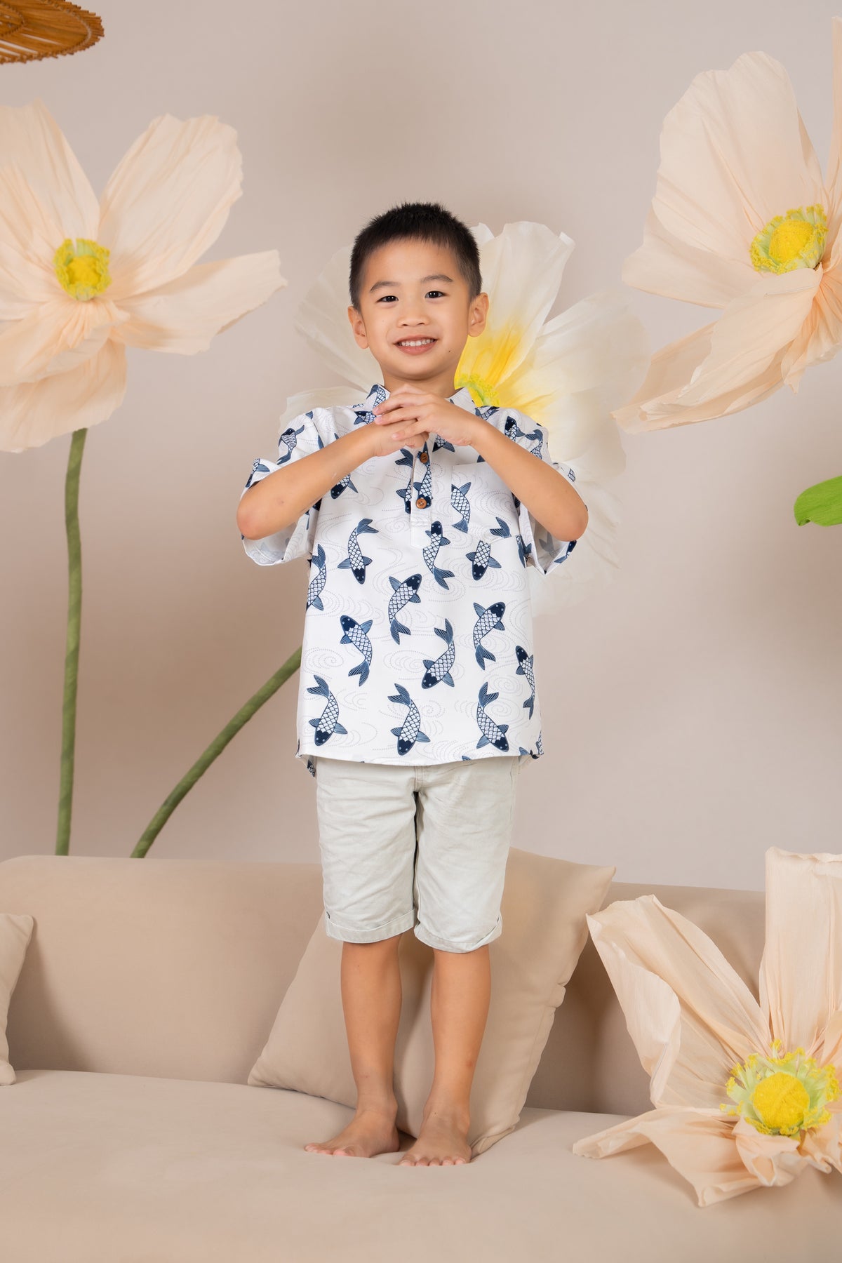 Little Boy Koi Oriental Shirt in Navy (Kids)