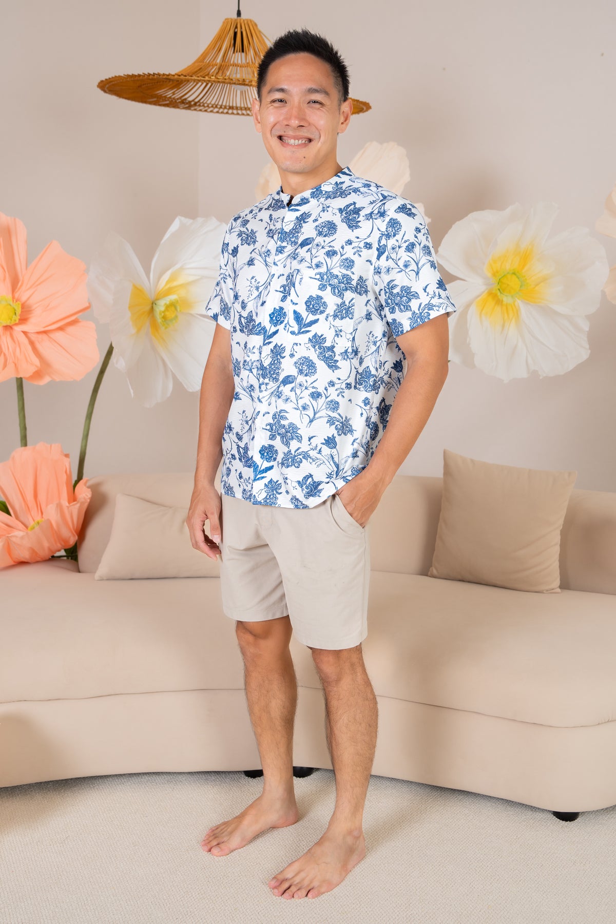 Men&#39;s Mandarin Collar Floral Pocket Shirt