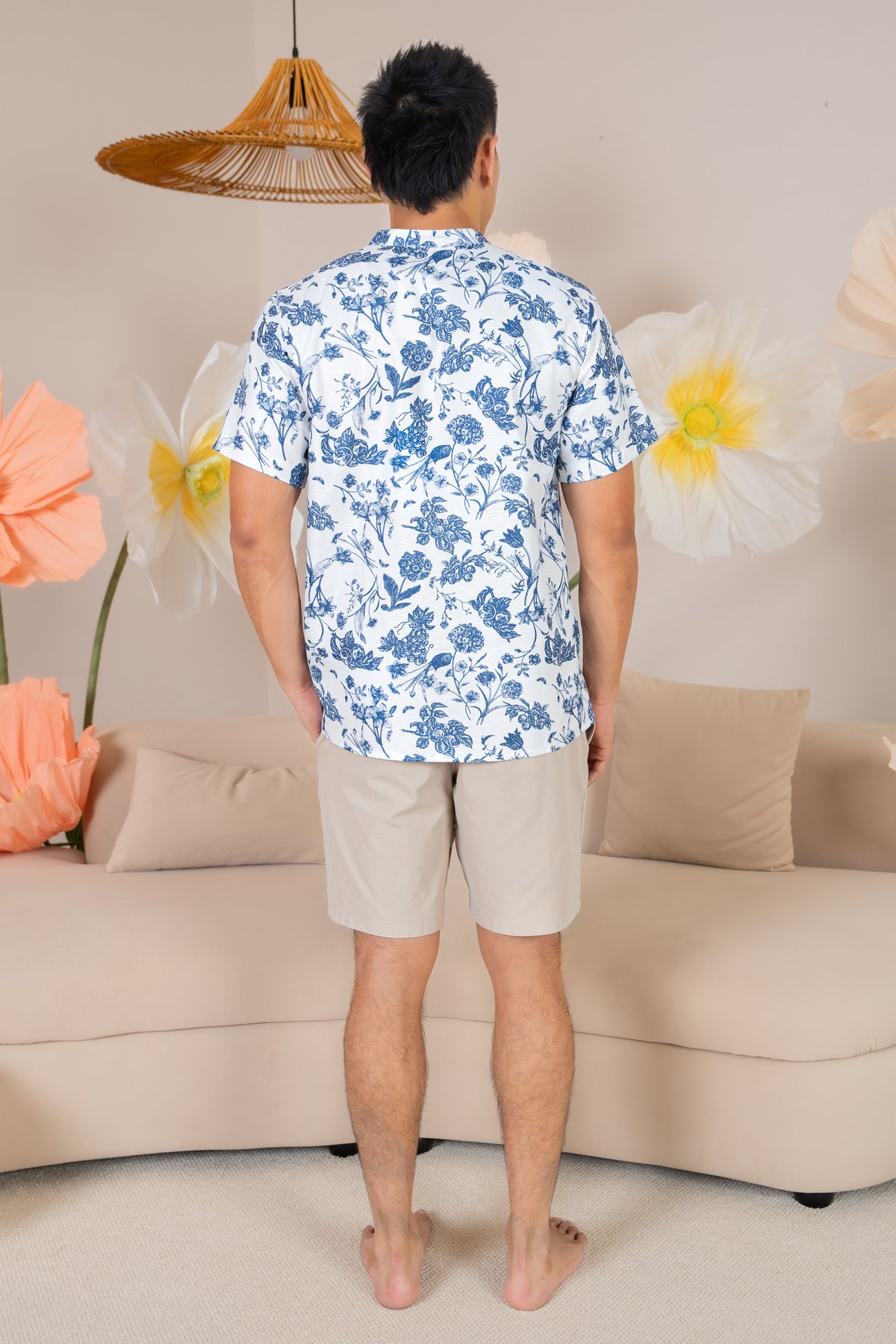 Men&#39;s Mandarin Collar Floral Pocket Shirt