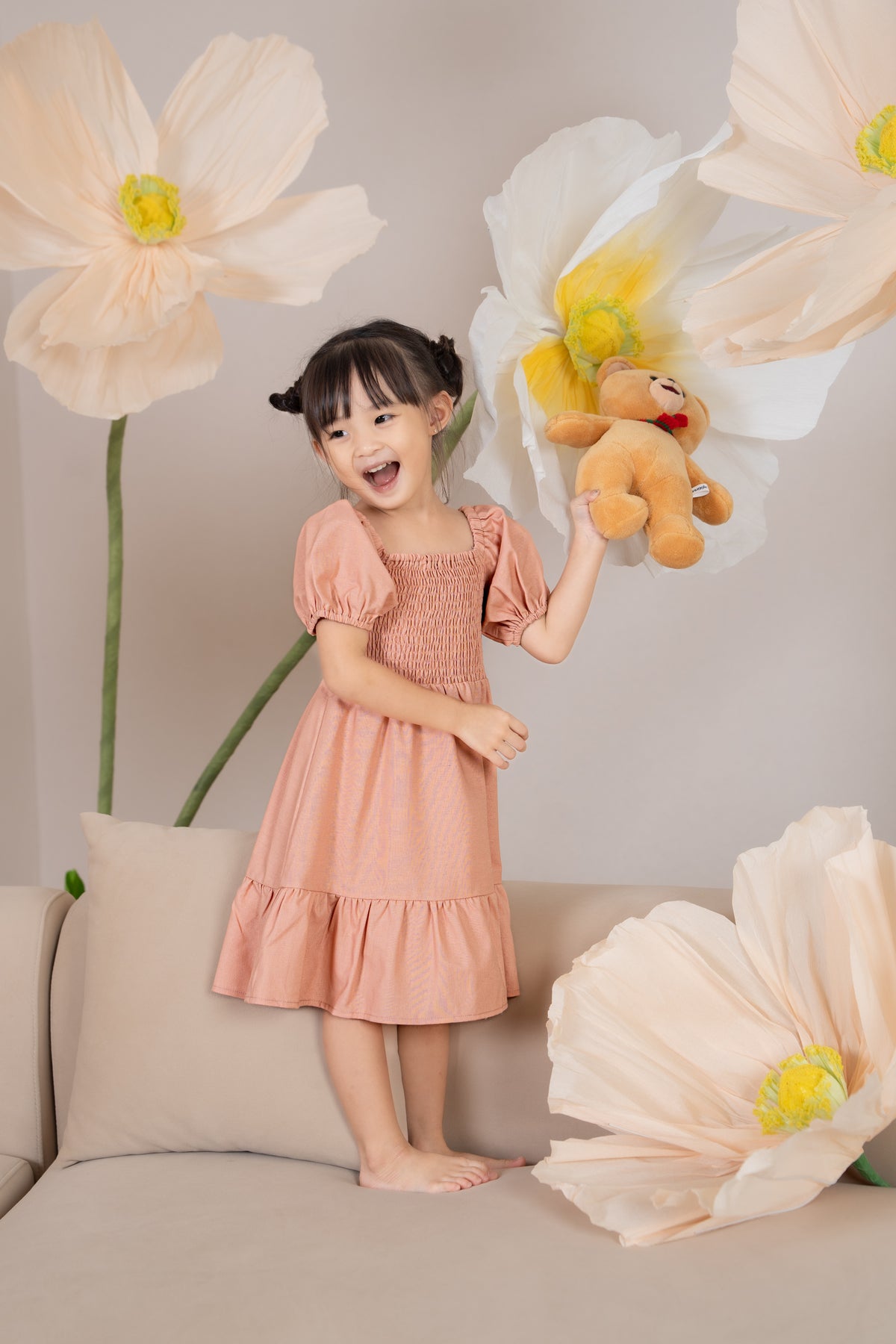 Mini Diana Pouf Sleeves Smocked Drophem Dress in Peach (Kids)