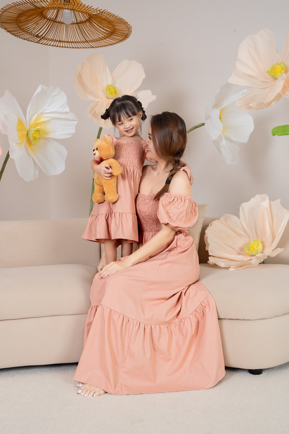 Mini Diana Pouf Sleeves Smocked Drophem Dress in Peach (Kids)