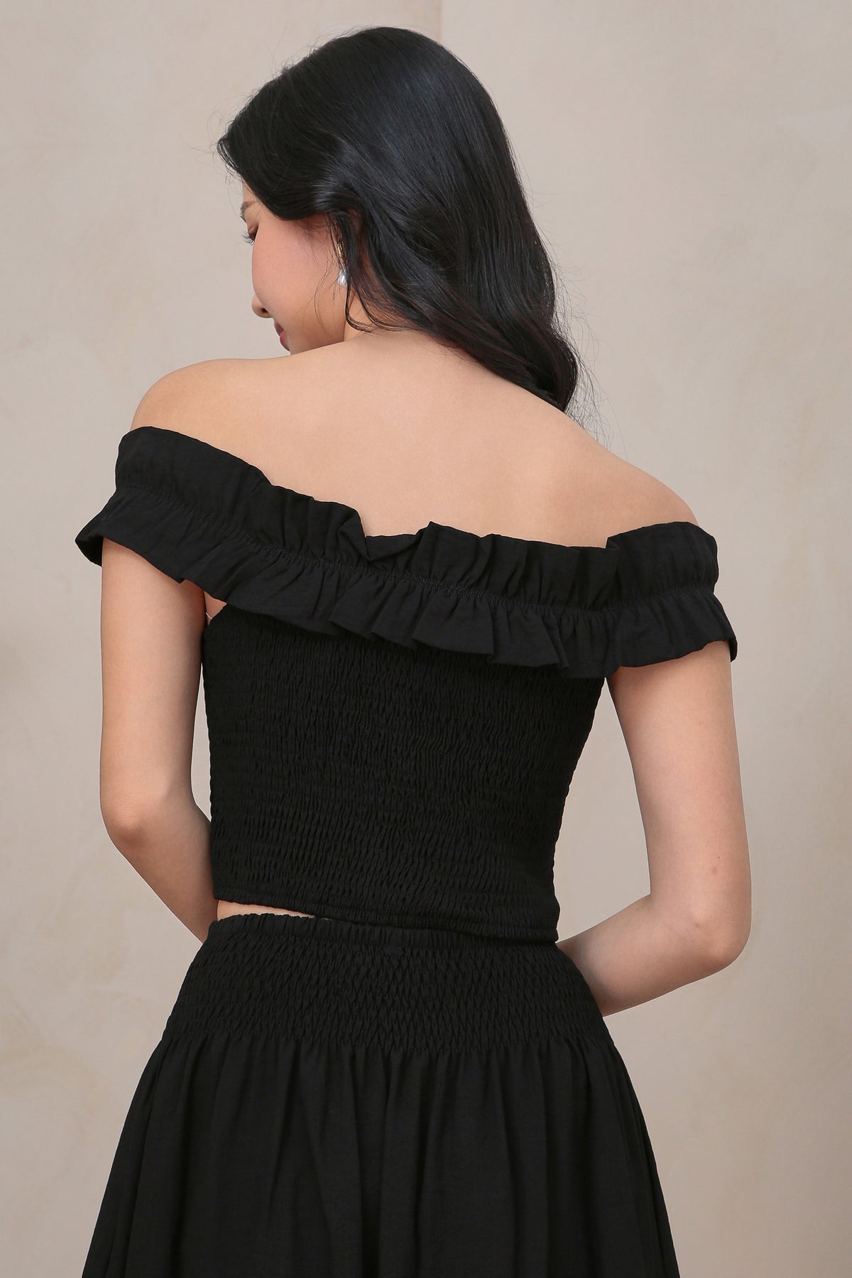 Kathy Ruffle Off Shoulder Smocked Top in Black