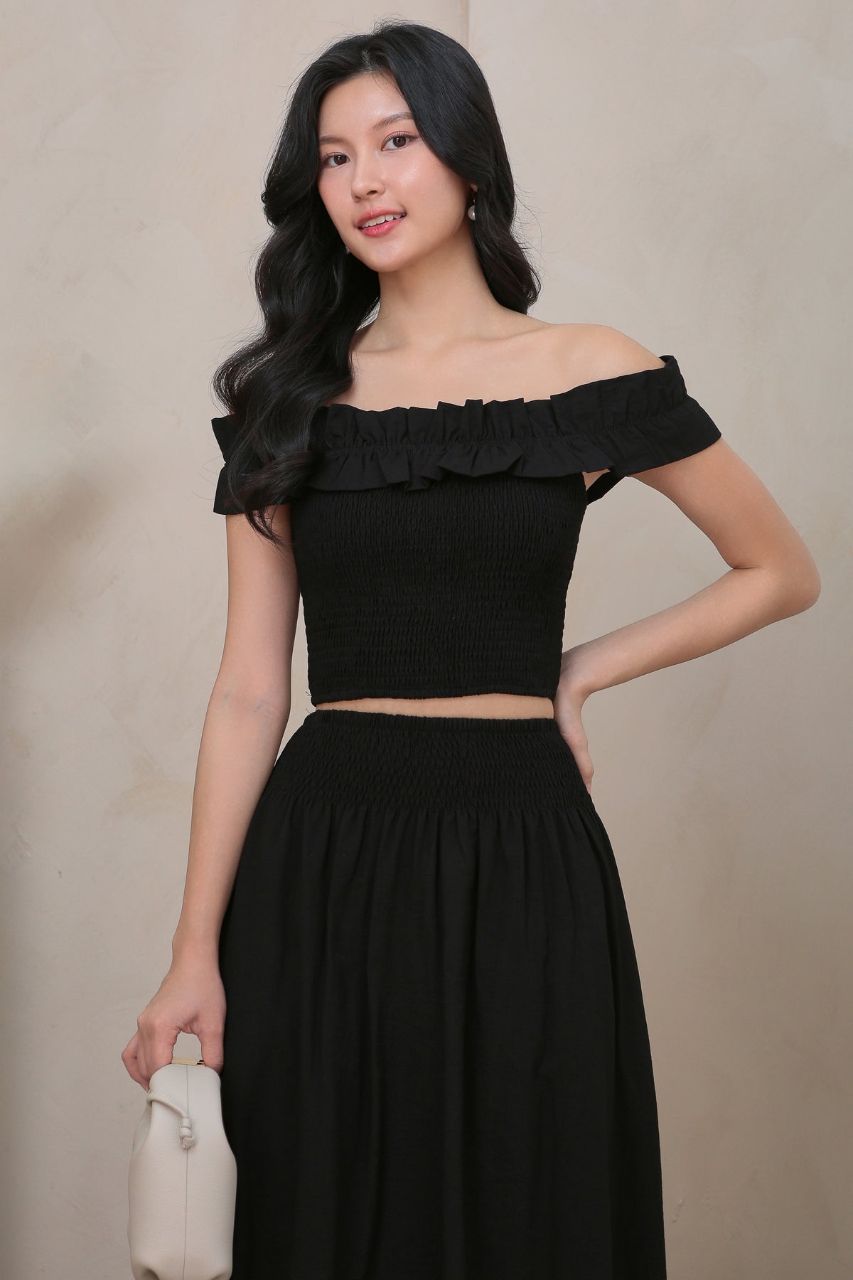 Kathy Ruffle Off Shoulder Smocked Top in Black