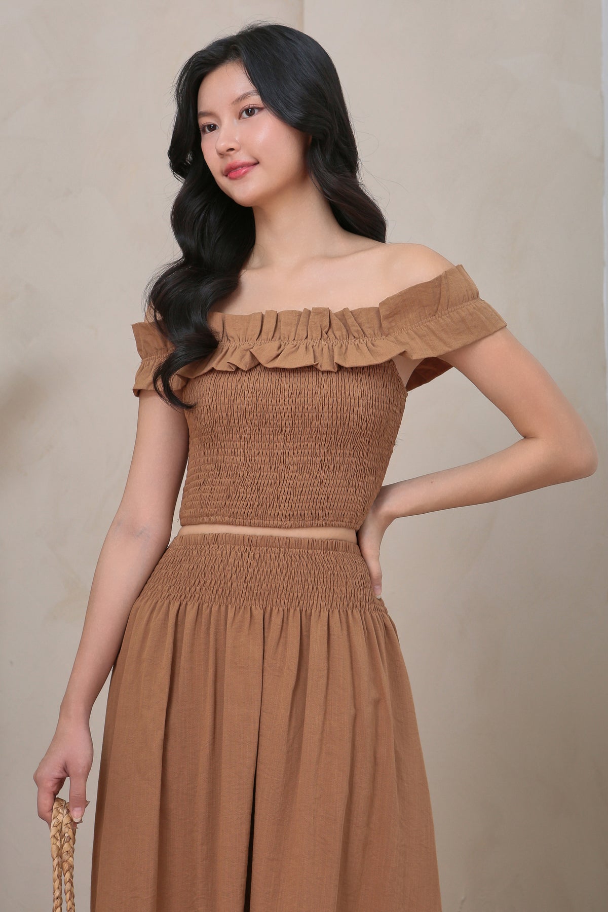 Kathy Ruffle Off Shoulder Smocked Top in Brown