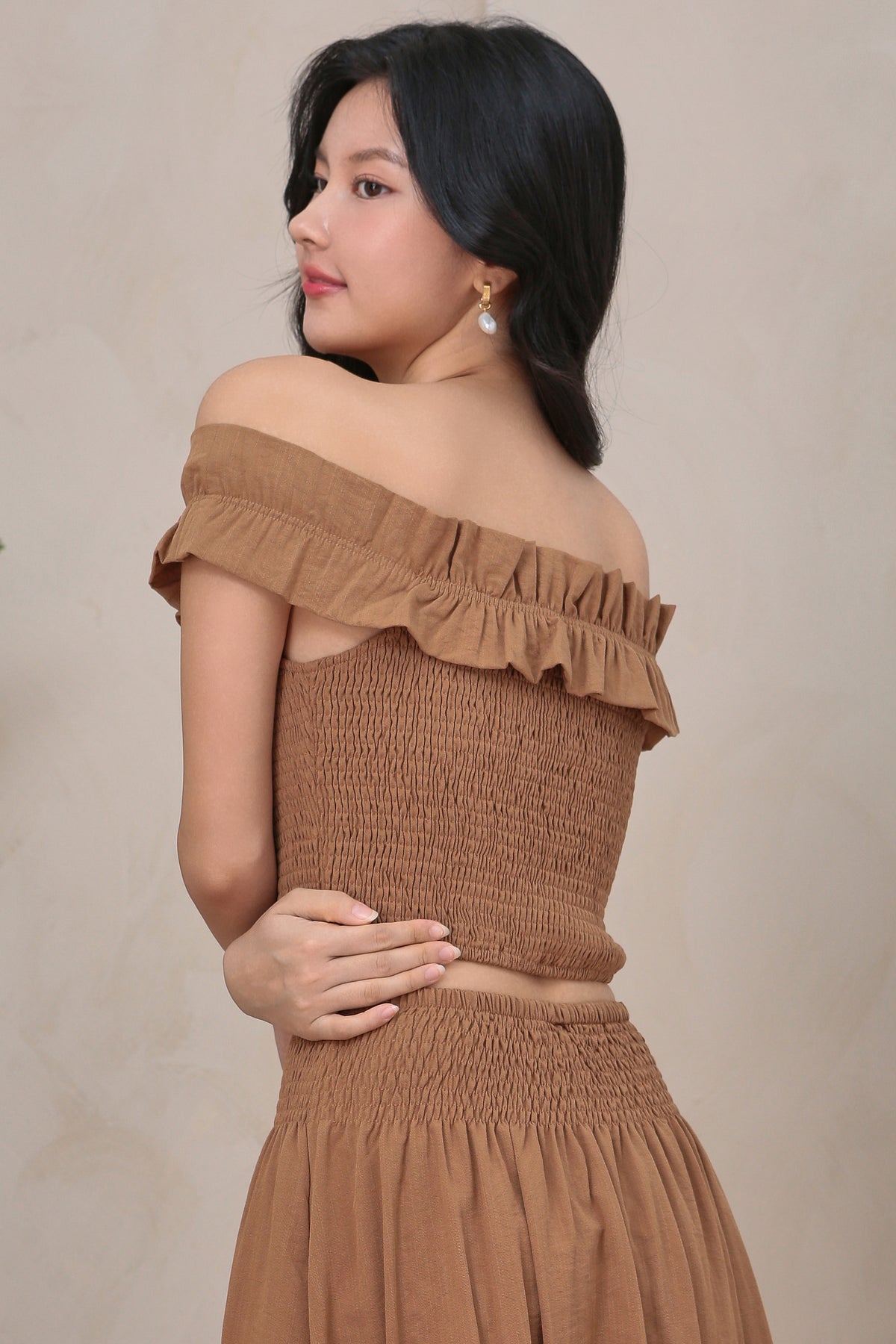 Kathy Ruffle Off Shoulder Smocked Top in Brown