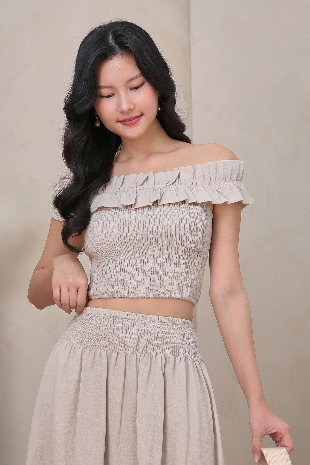 Kathy Ruffle Off Shoulder Smocked Top in Ecru