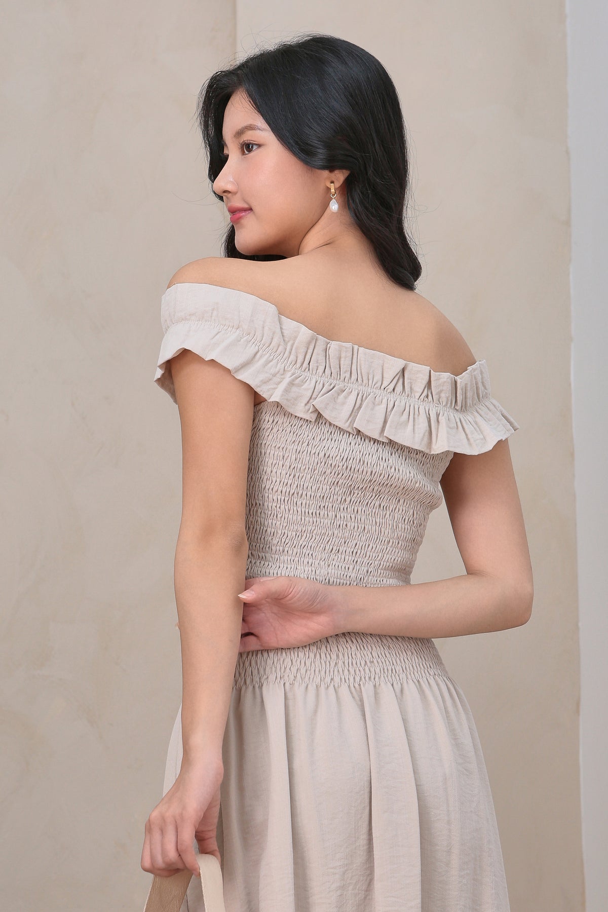 Kathy Ruffle Off Shoulder Smocked Top in Ecru