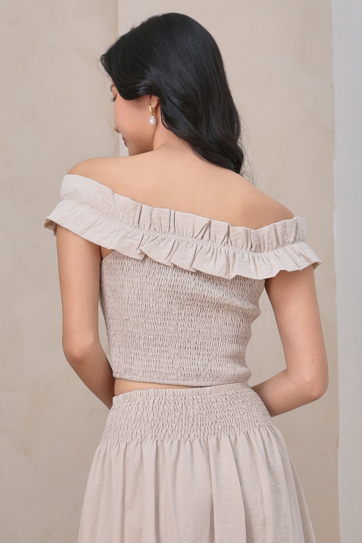 Kathy Ruffle Off Shoulder Smocked Top in Ecru